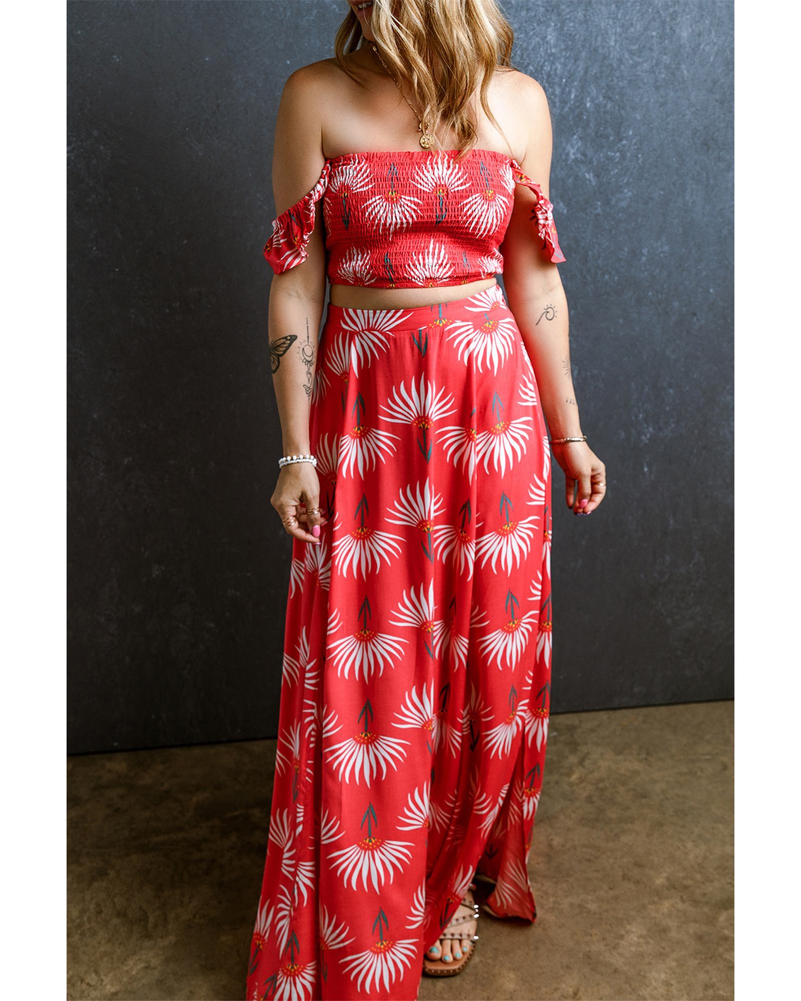 Red Floral Shirred Off Shoulder Crop Top and Slit Maxi Skirt Set - L 3
