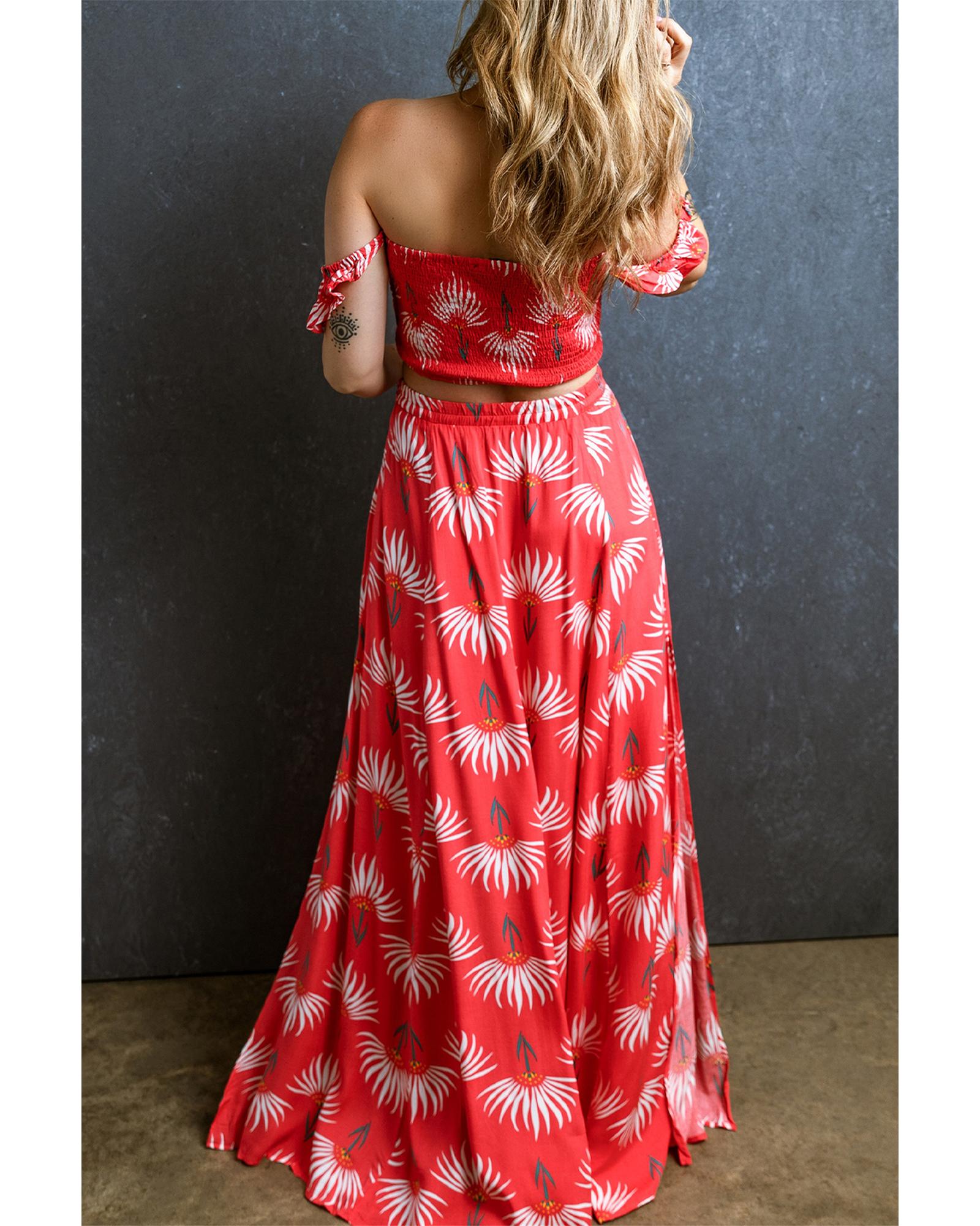 Red Floral Shirred Off Shoulder Crop Top and Slit Maxi Skirt Set - L 4