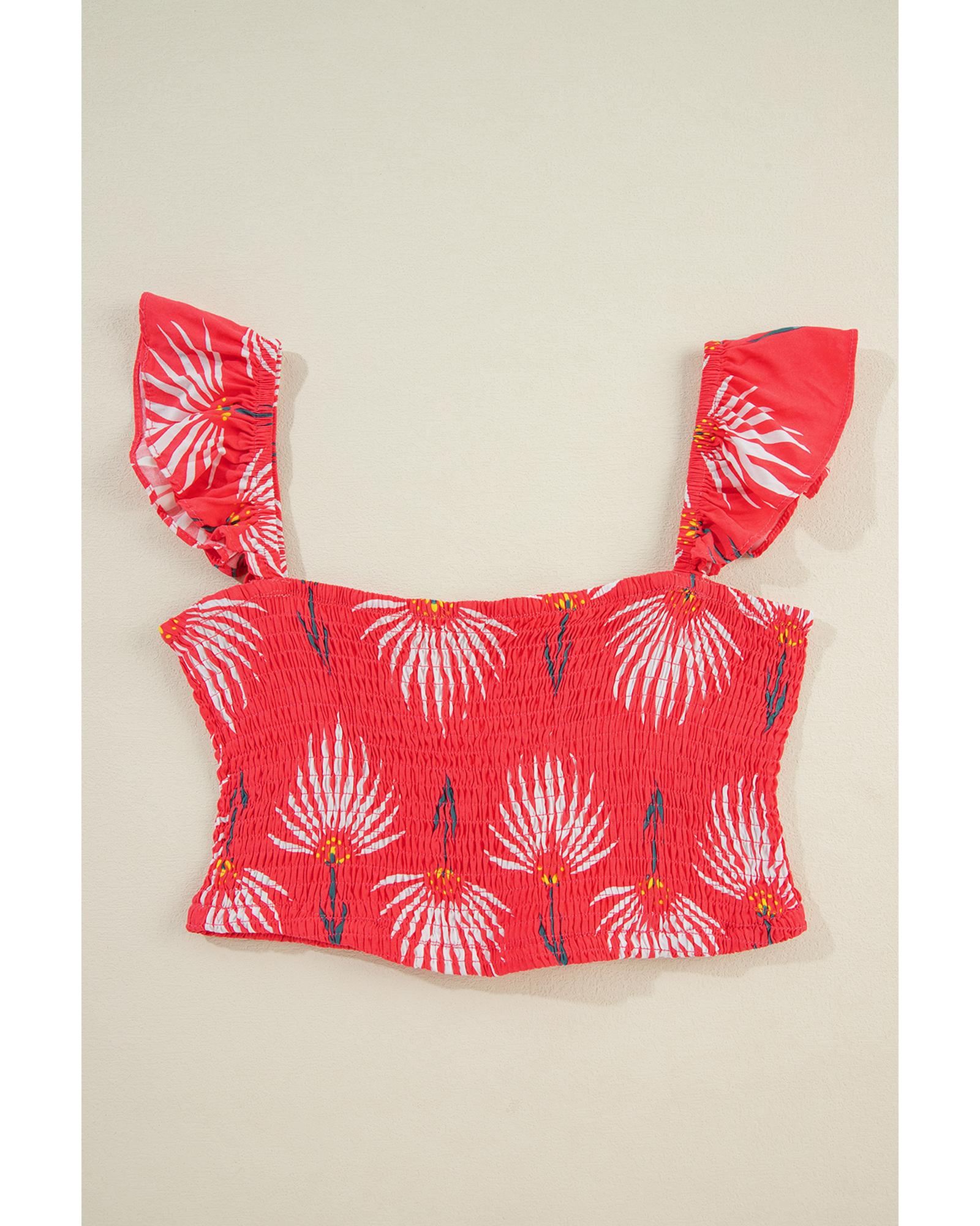 Red Floral Shirred Off Shoulder Crop Top and Slit Maxi Skirt Set - L 5