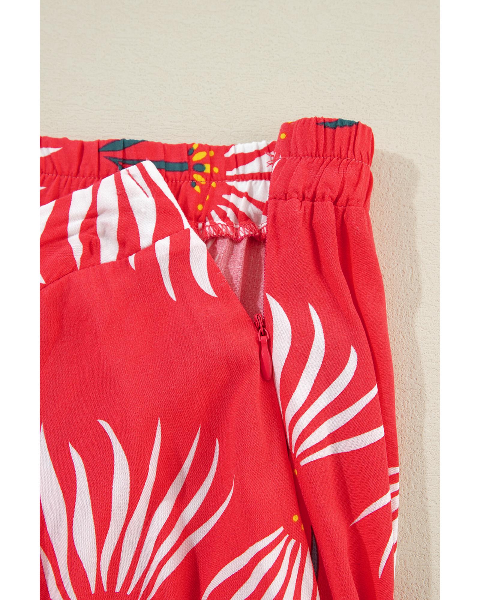 Red Floral Shirred Off Shoulder Crop Top and Slit Maxi Skirt Set - L 7