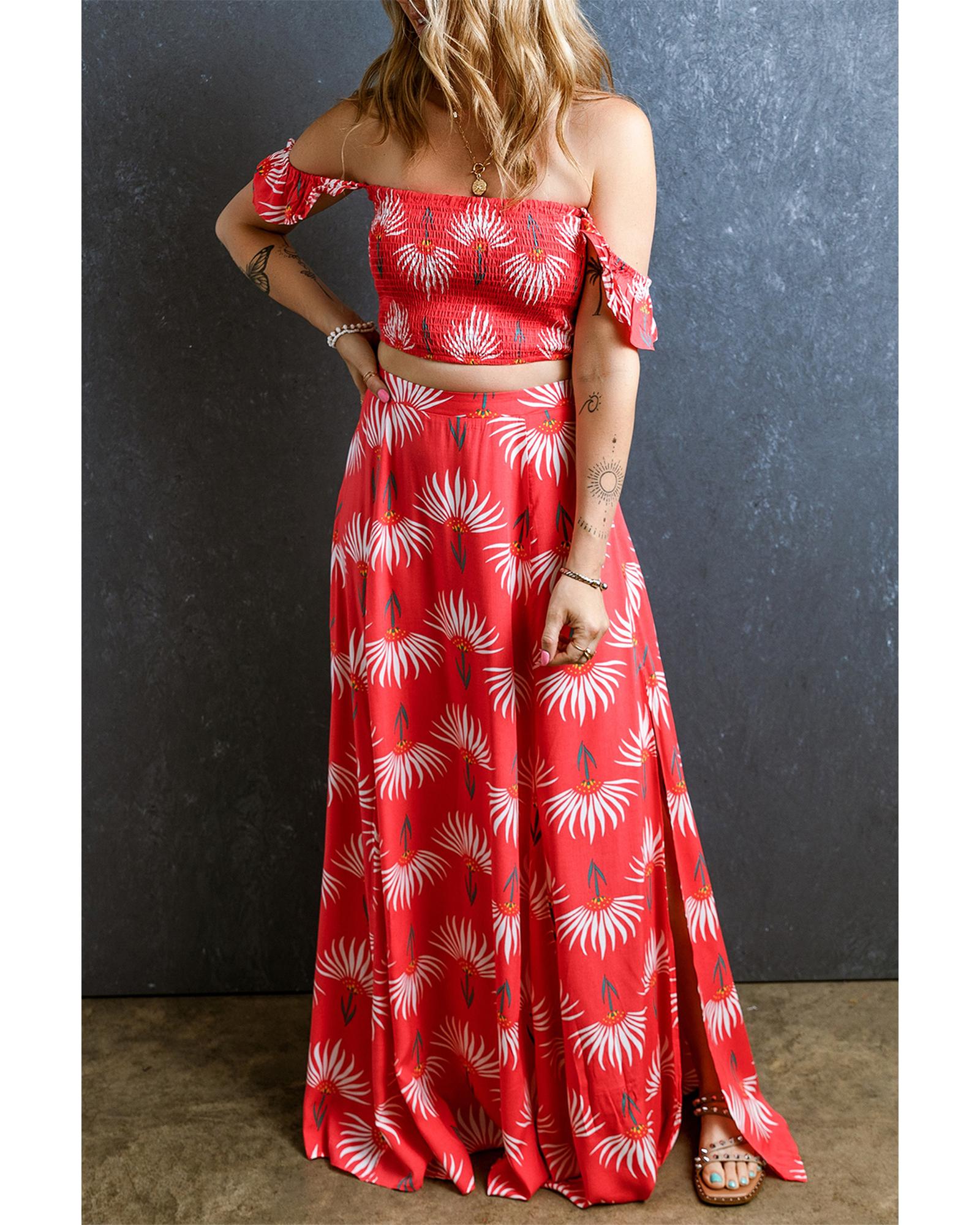 Red Floral Shirred Off Shoulder Crop Top and Slit Maxi Skirt Set - M