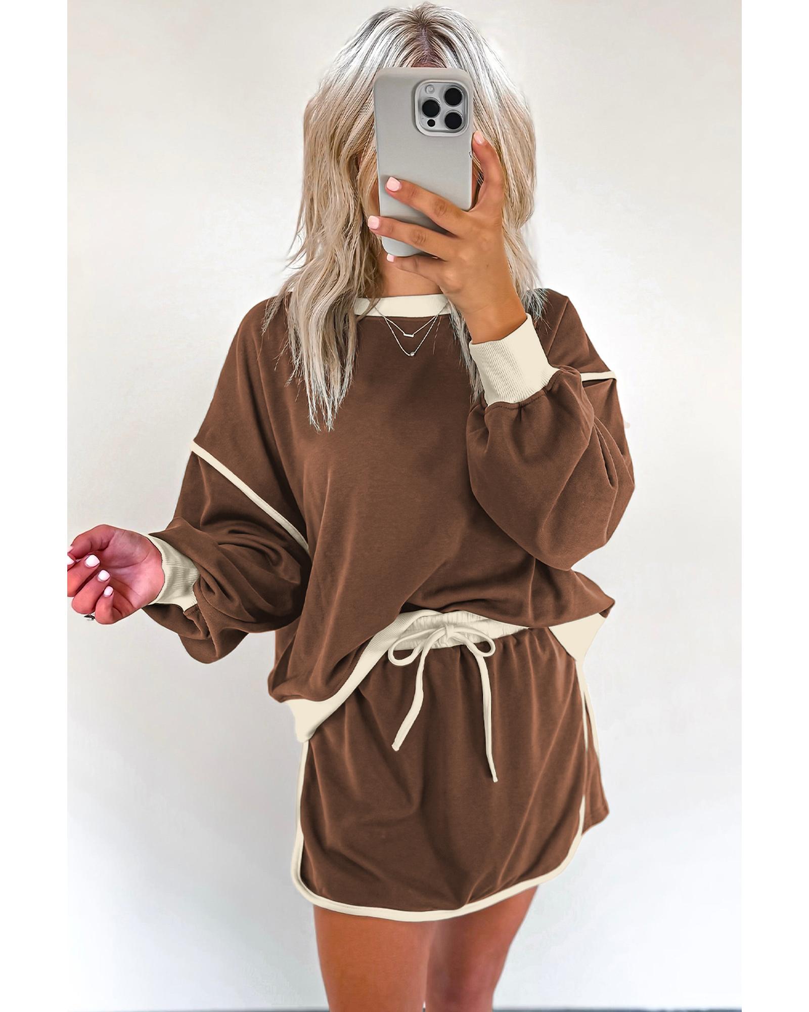 Coffee Color Contrast Loose Pullover and Lace-up Waist Skort Set - L 3