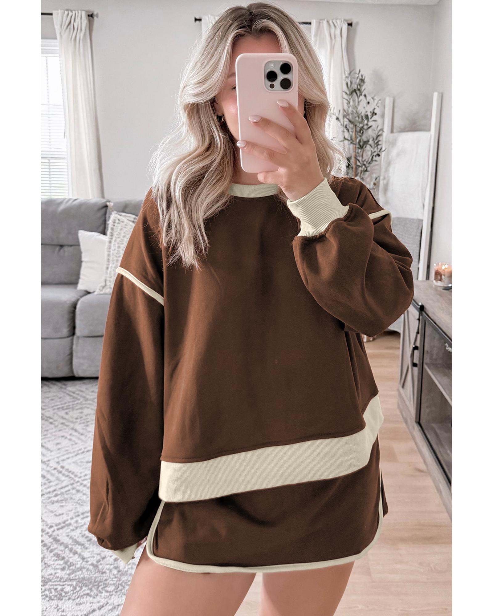 Coffee Color Contrast Loose Pullover and Lace-up Waist Skort Set - L 5