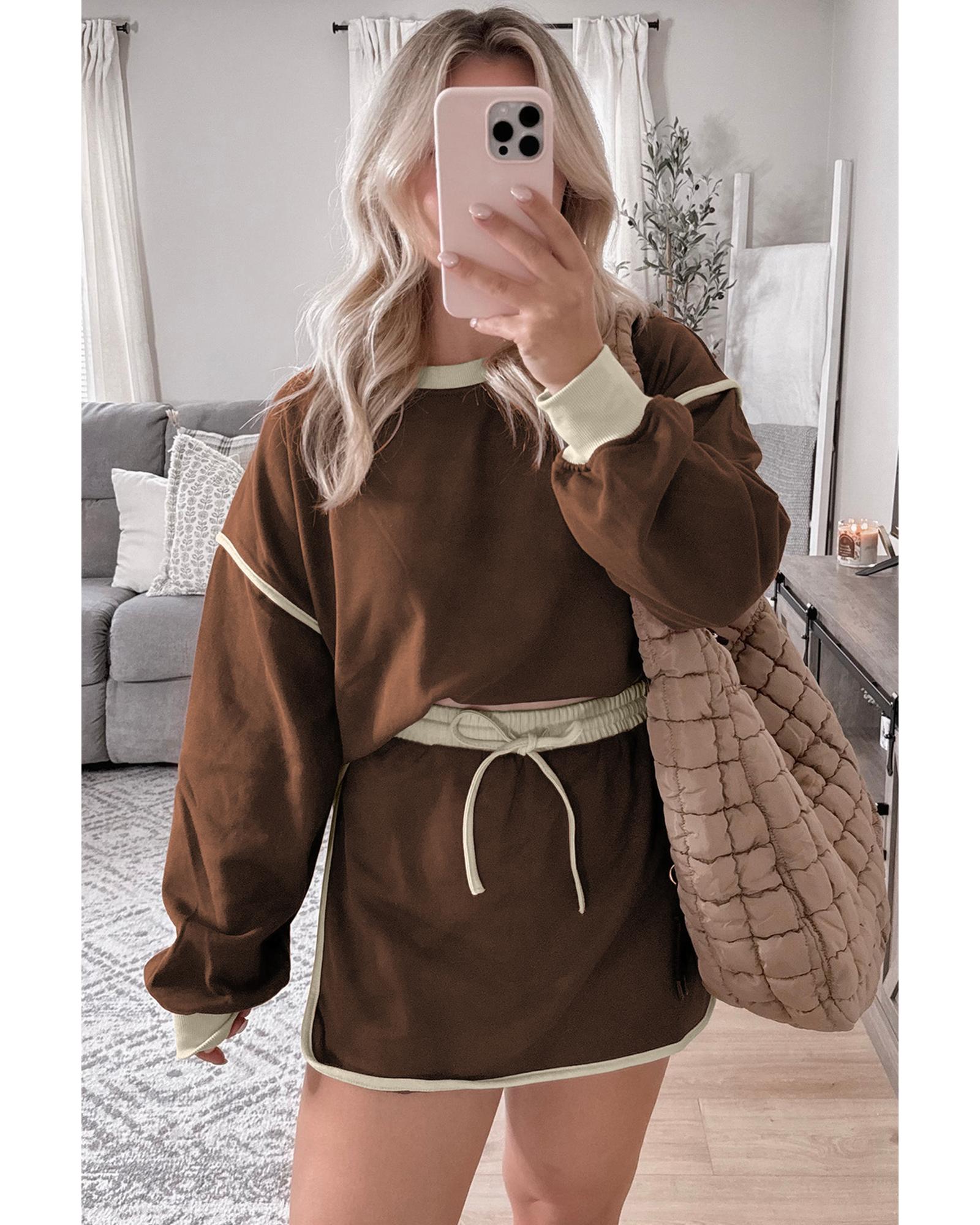 Coffee Color Contrast Loose Pullover and Lace-up Waist Skort Set - L 6