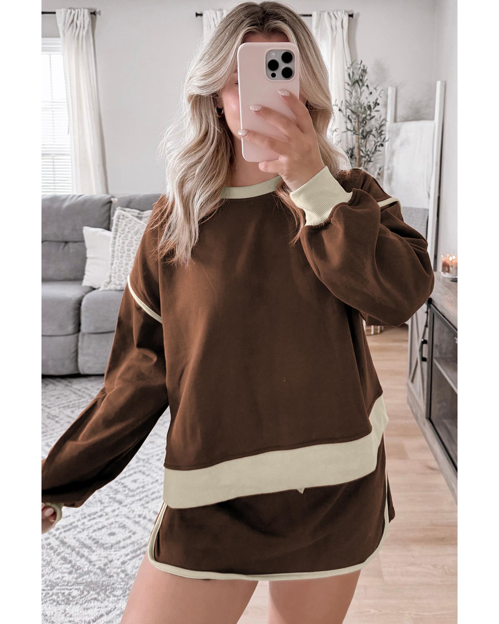 Coffee Color Contrast Loose Pullover and Lace-up Waist Skort Set - XL 3