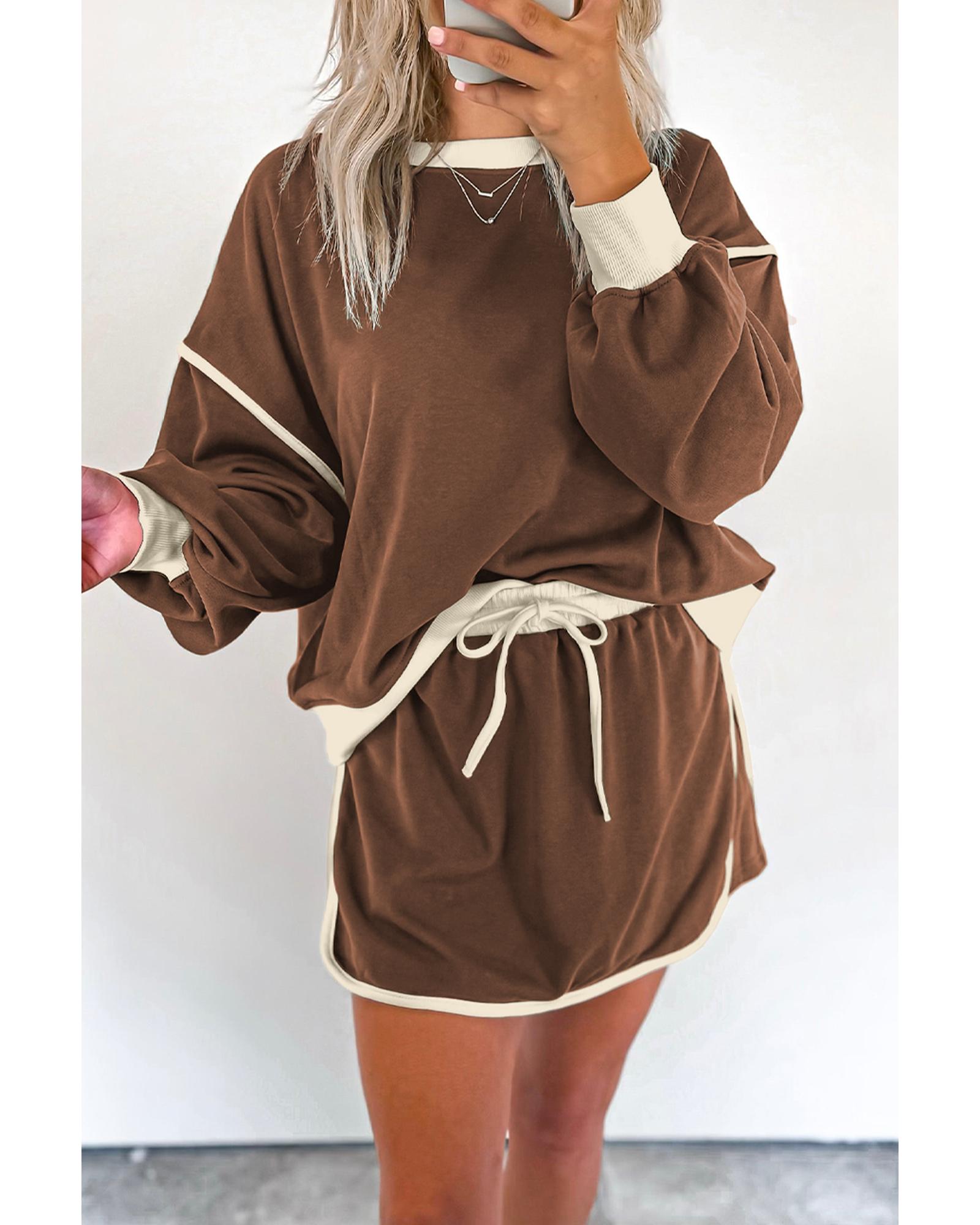 Coffee Color Contrast Loose Pullover and Lace-up Waist Skort Set - XL 7