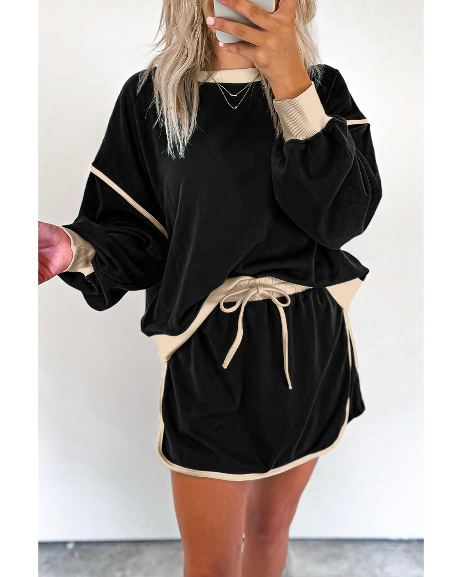 Black Color Contrast Loose Pullover and Lace-up Waist Skort Set - M