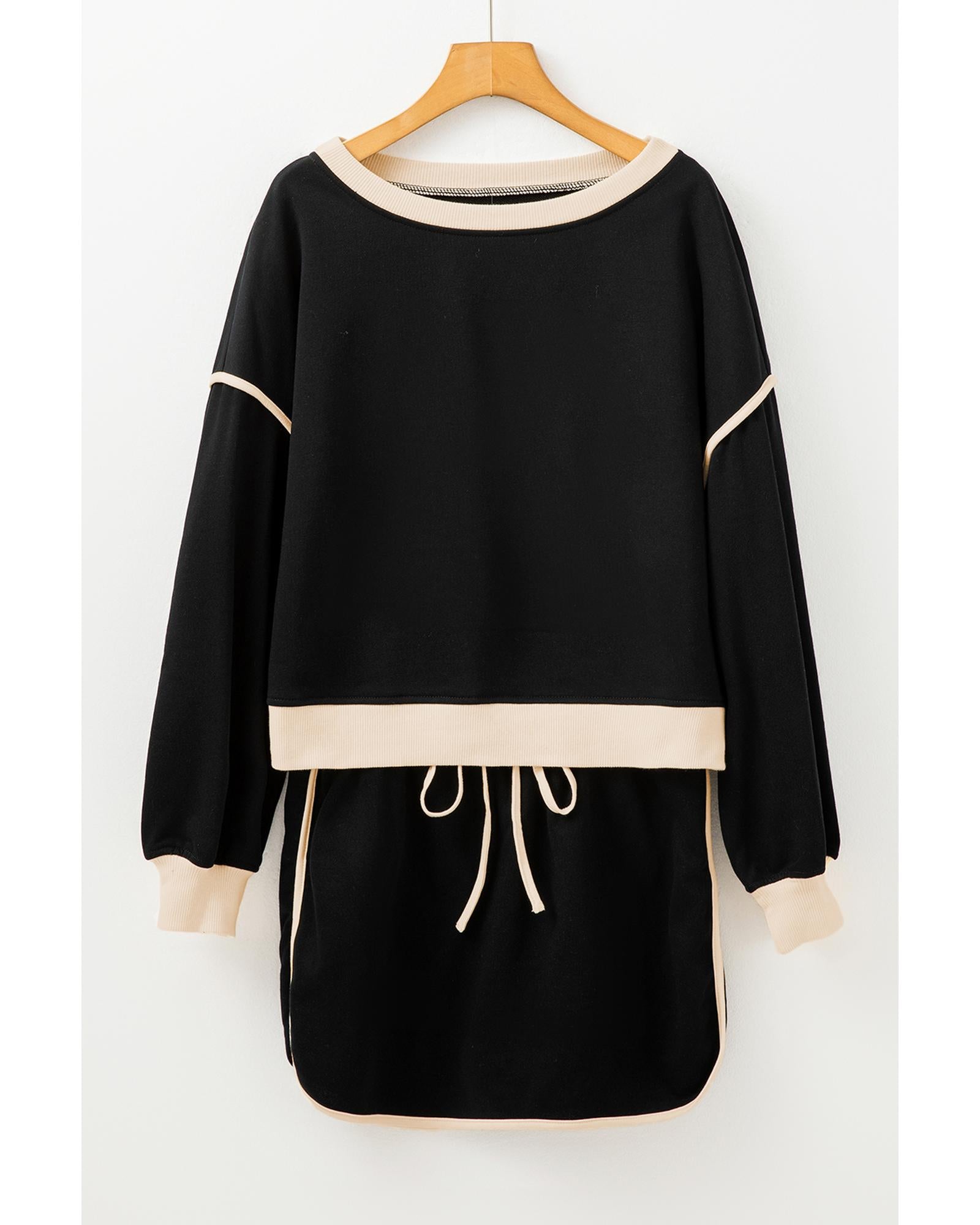 Black Color Contrast Loose Pullover and Lace-up Waist Skort Set - XL 7