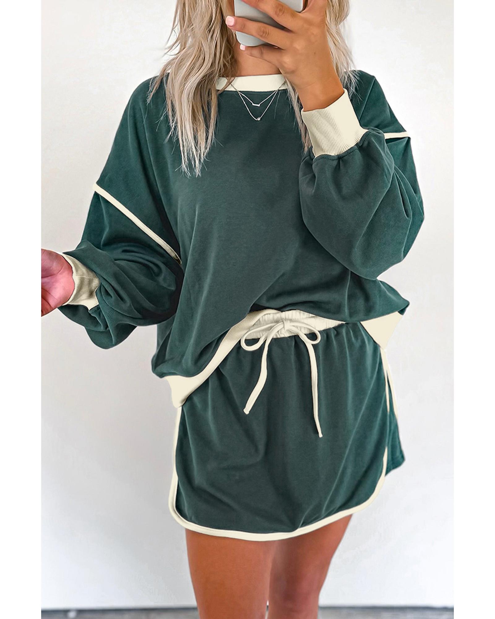 Evergreen Color Contrast Loose Pullover and Lace-up Waist Skort Set - S 4