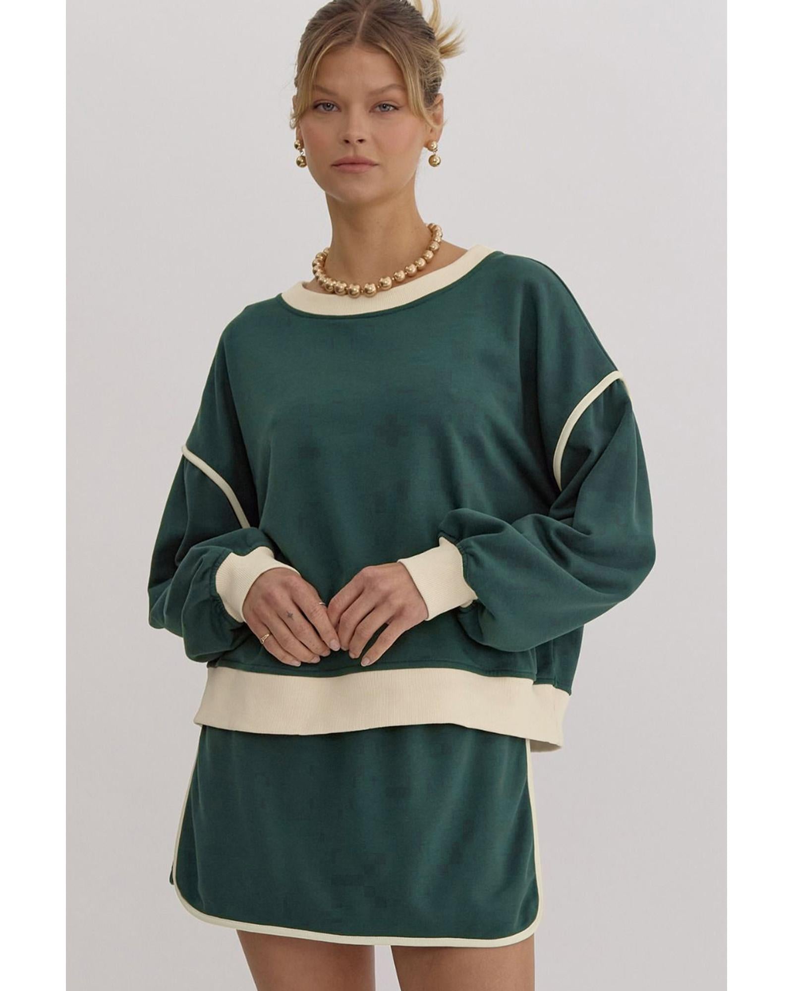 Evergreen Color Contrast Loose Pullover and Lace-up Waist Skort Set - XL 6