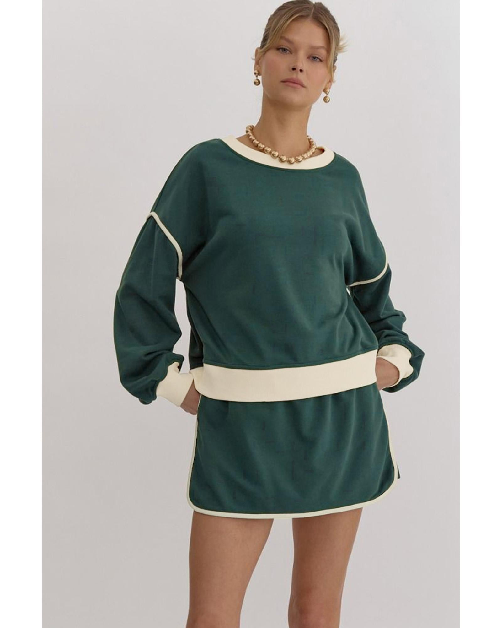 Evergreen Color Contrast Loose Pullover and Lace-up Waist Skort Set - XL 8