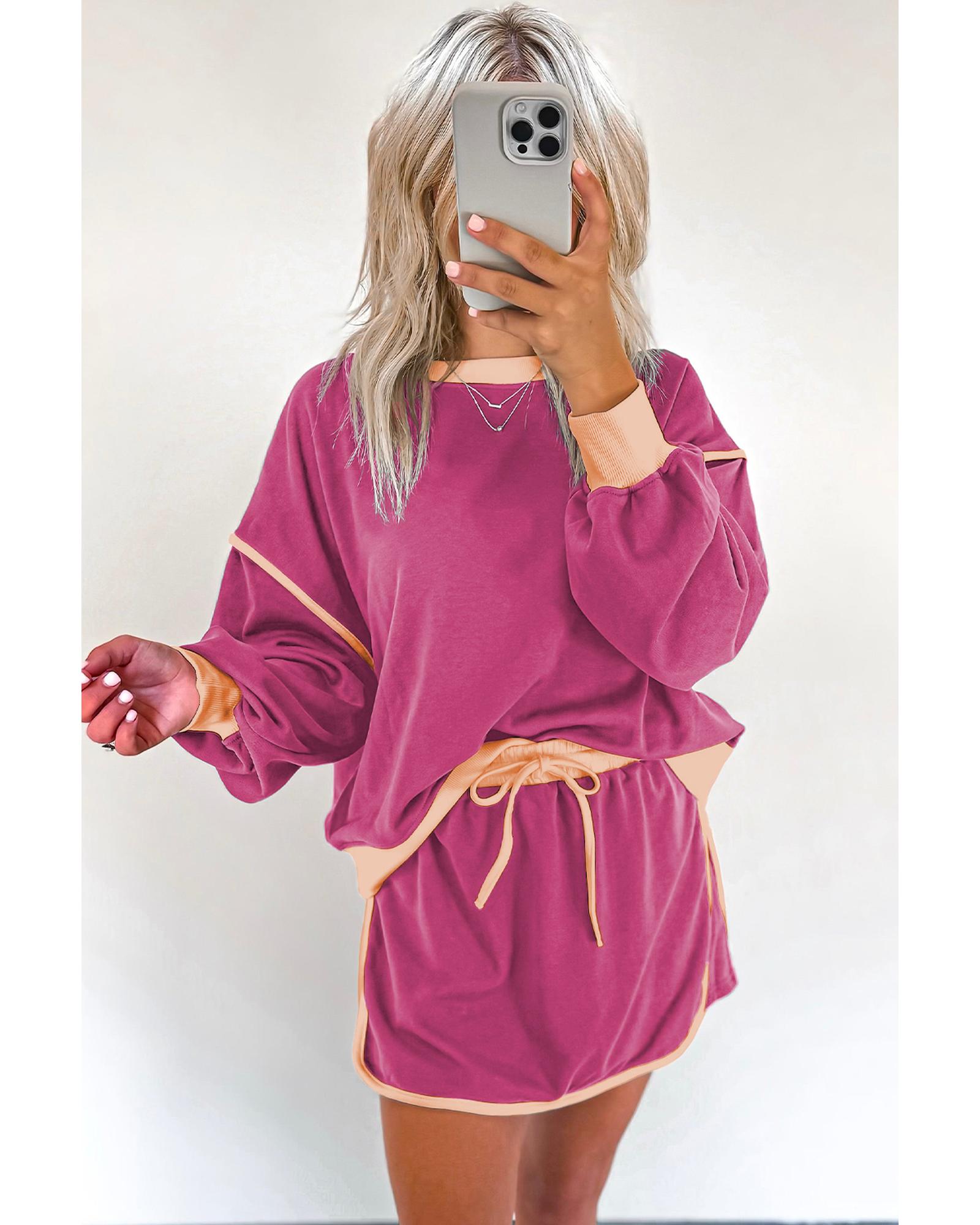 Rose Red Color Contrast Loose Pullover and Lace-up Waist Skort Set - S 4