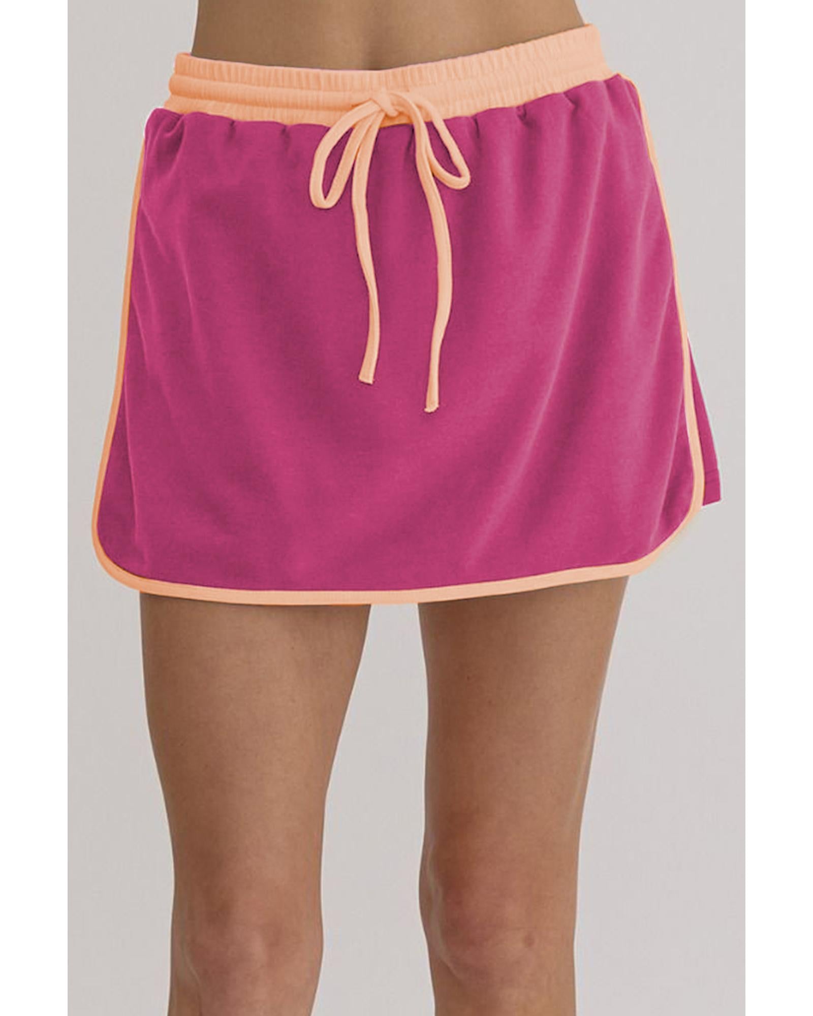 Rose Red Color Contrast Loose Pullover and Lace-up Waist Skort Set - S 6