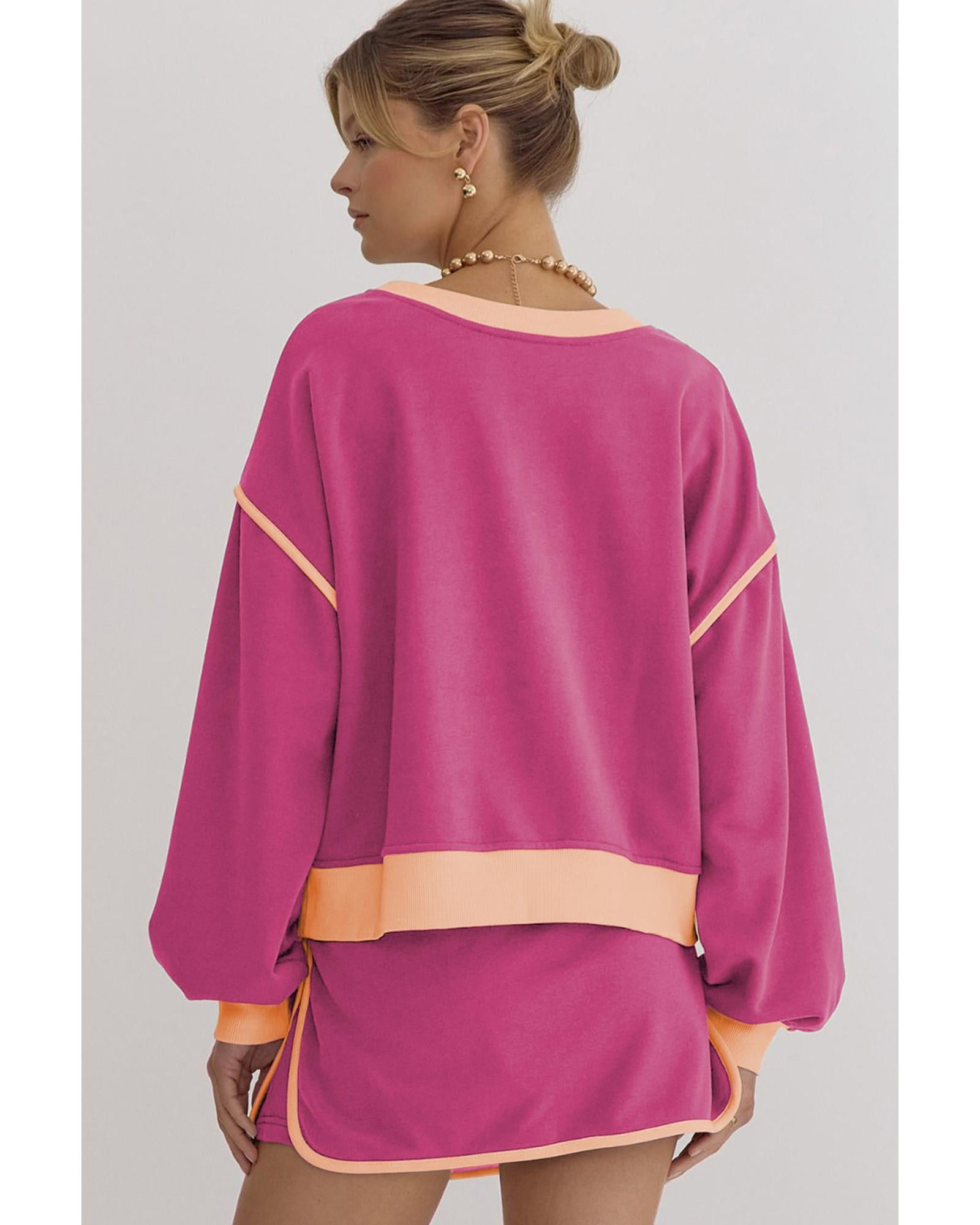 Rose Red Color Contrast Loose Pullover and Lace-up Waist Skort Set - S 7