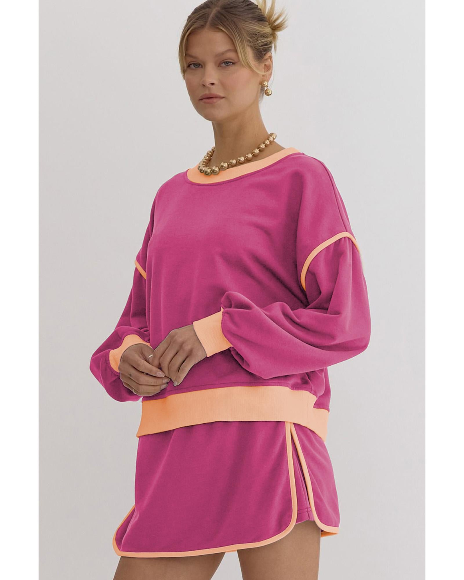 Rose Red Color Contrast Loose Pullover and Lace-up Waist Skort Set - XL