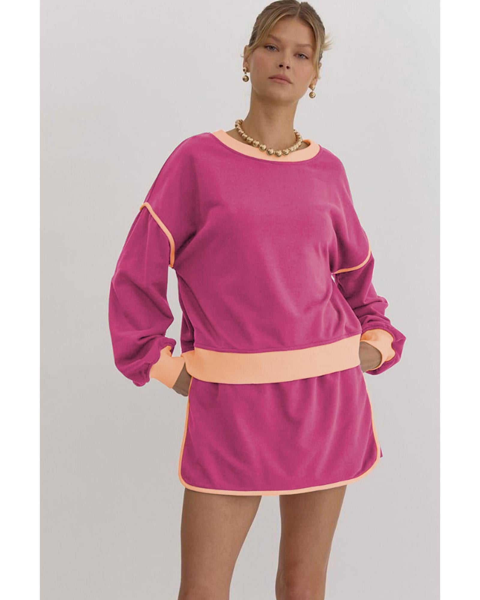 Rose Red Color Contrast Loose Pullover and Lace-up Waist Skort Set - XL 3