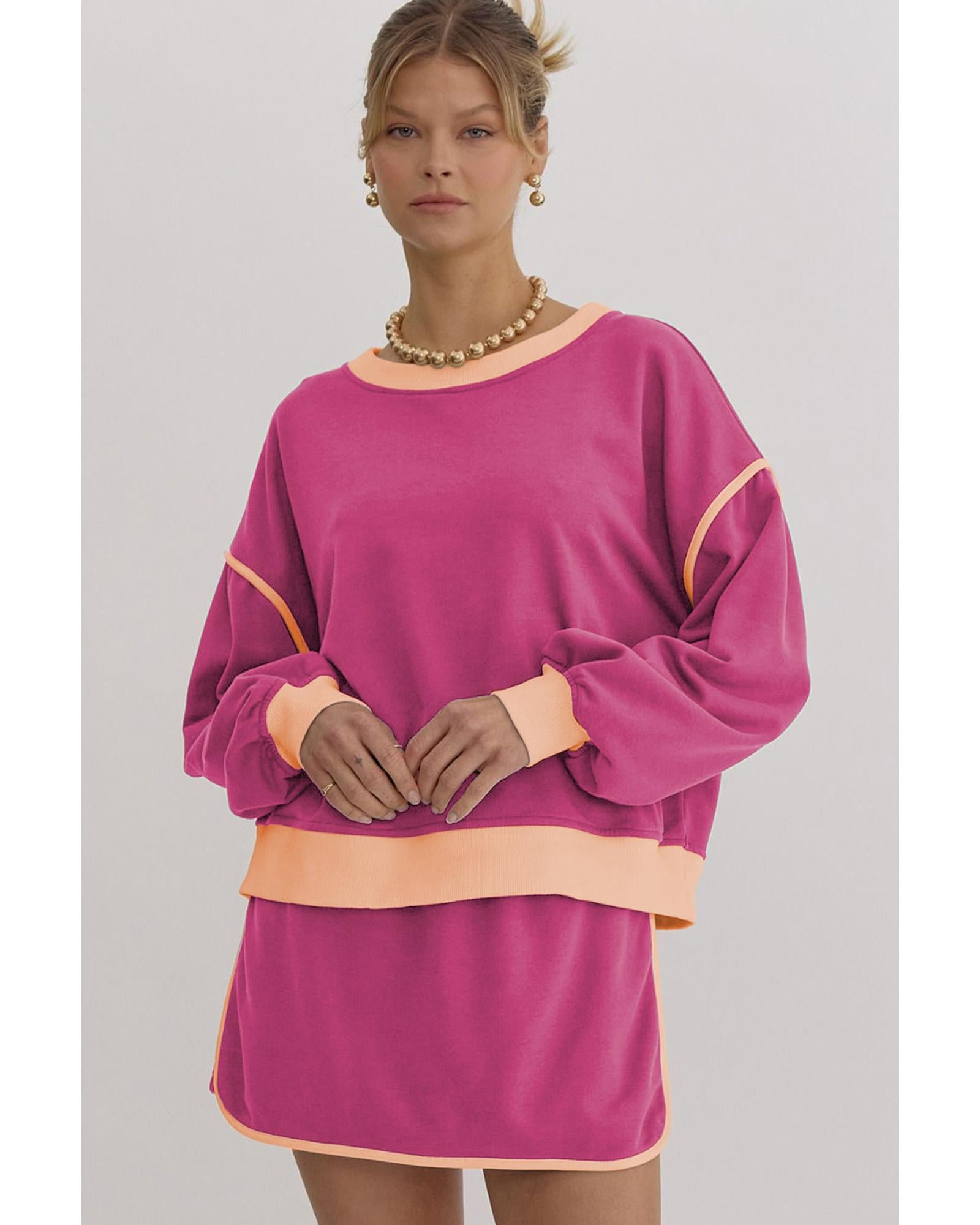 Rose Red Color Contrast Loose Pullover and Lace-up Waist Skort Set - XL 5