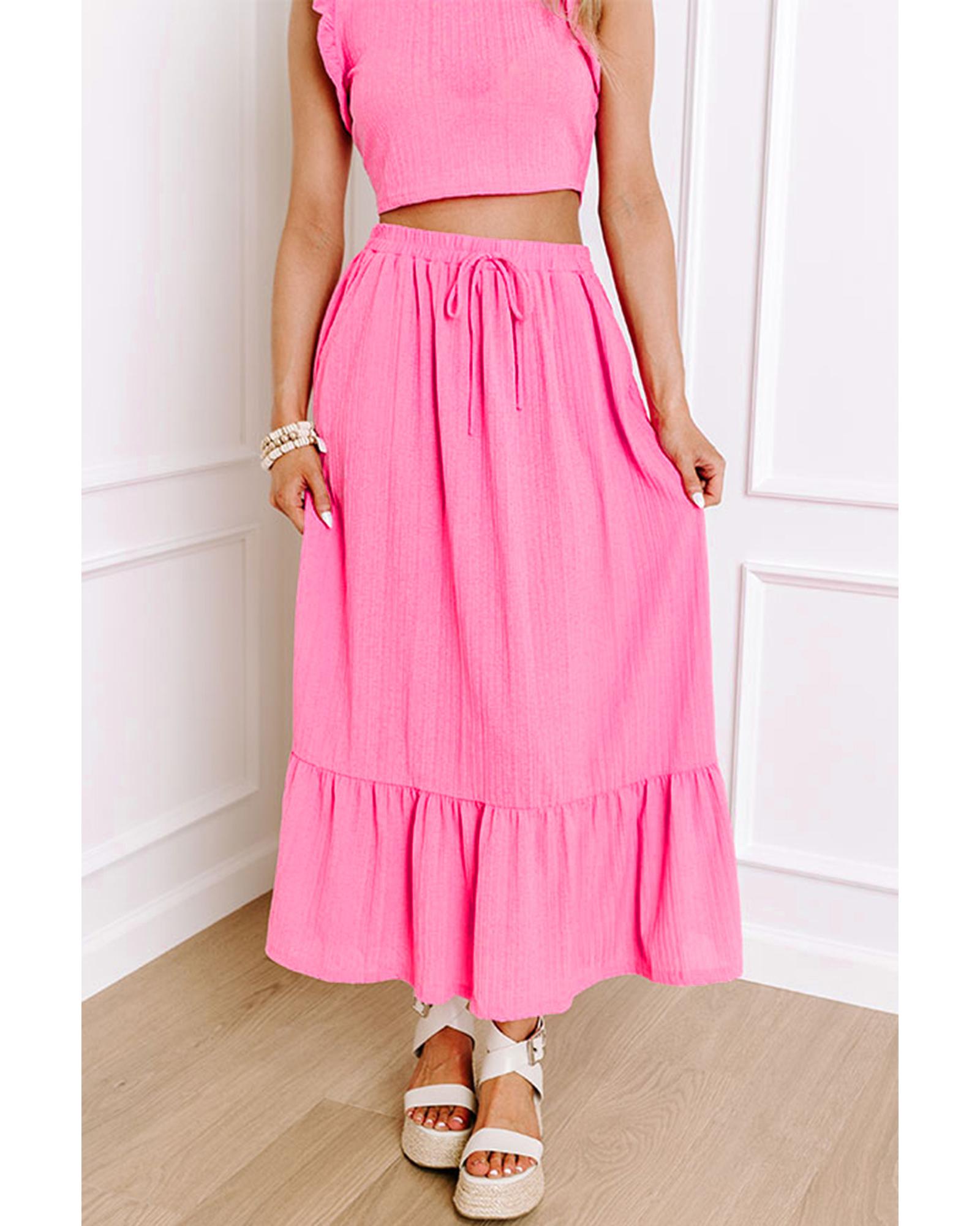 Bonbon Textured Ruffle Trim Crop Vest Lace-up Long Skirt Set - L