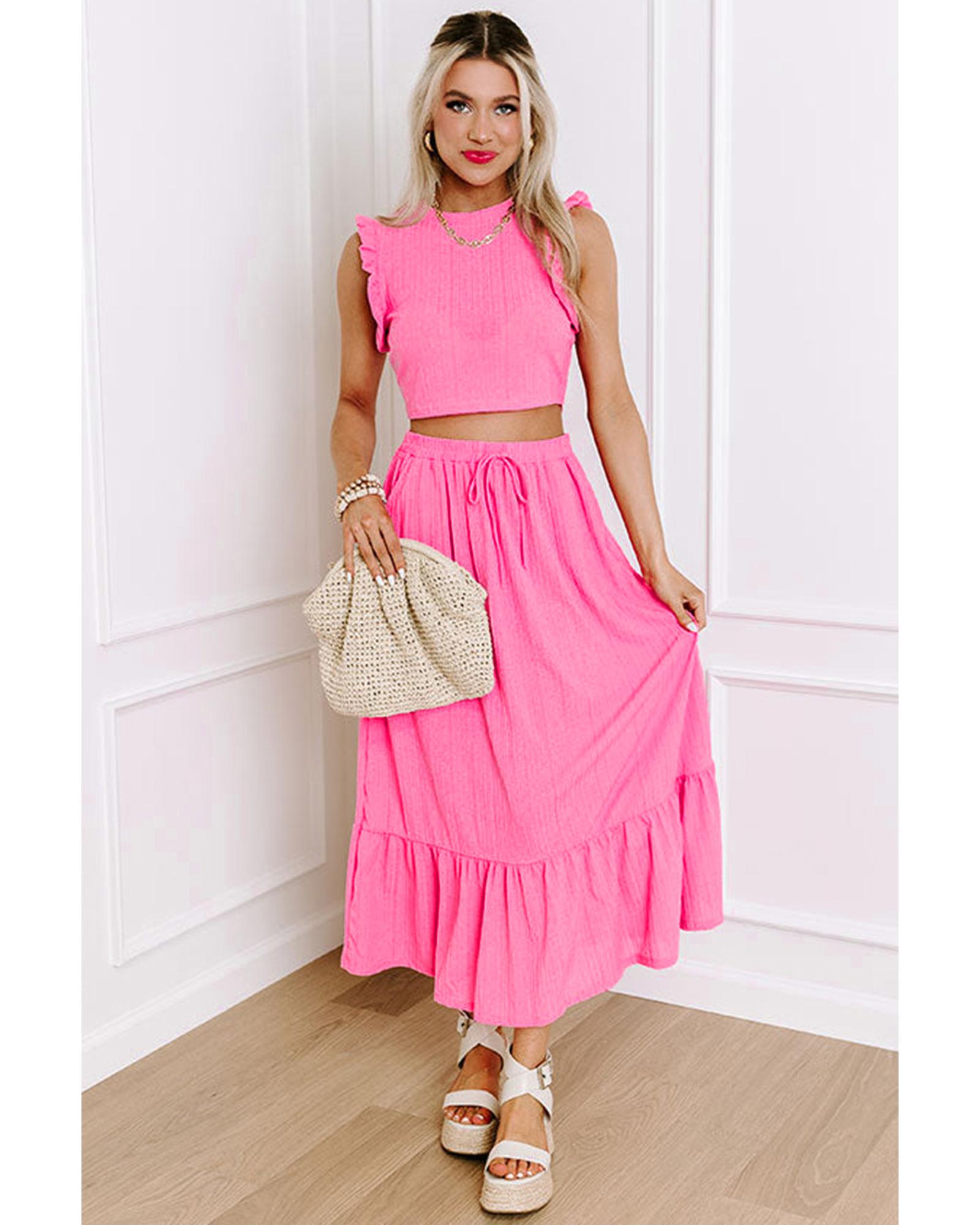 Bonbon Textured Ruffle Trim Crop Vest Lace-up Long Skirt Set - L 3