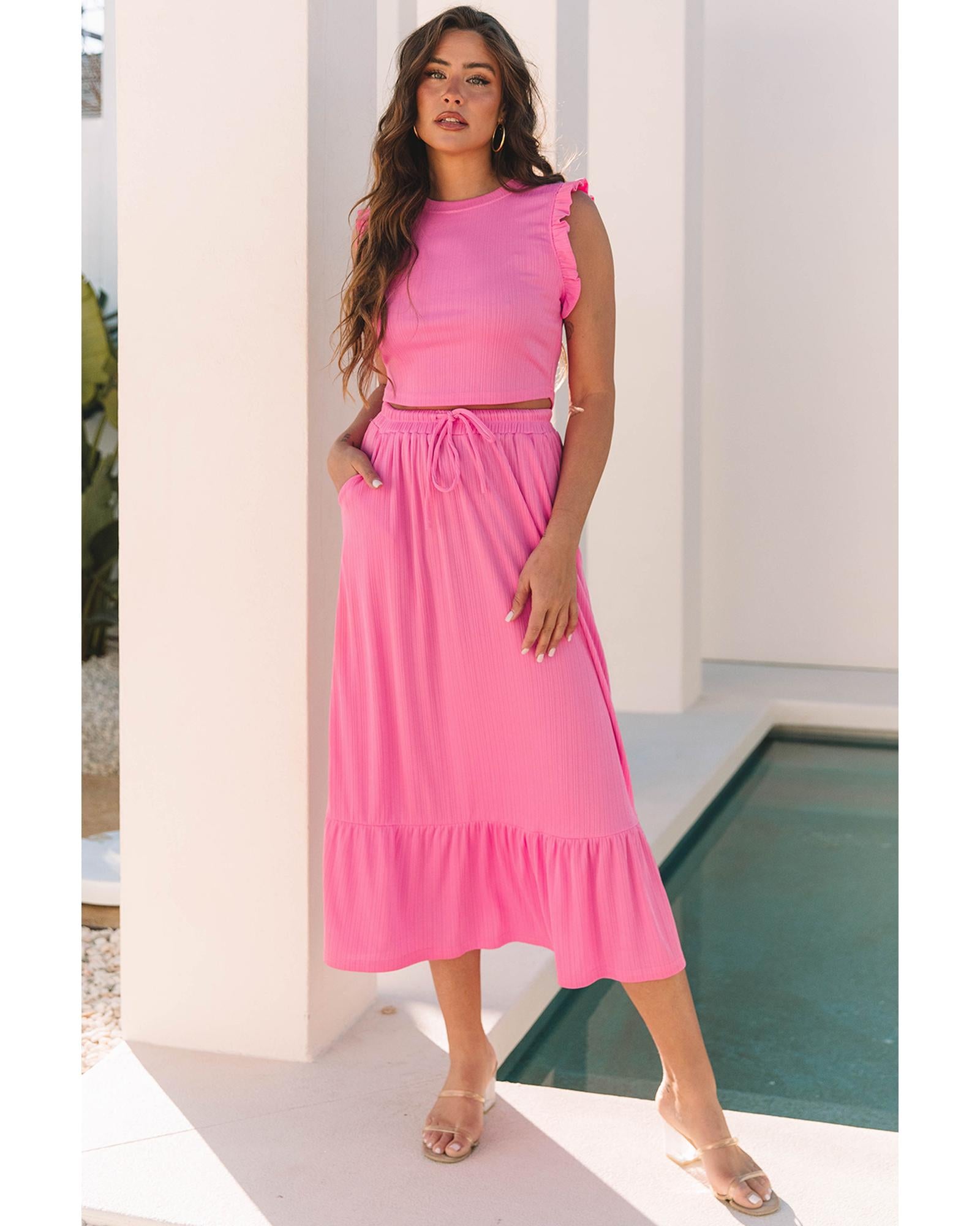 Bonbon Textured Ruffle Trim Crop Vest Lace-up Long Skirt Set - L 4