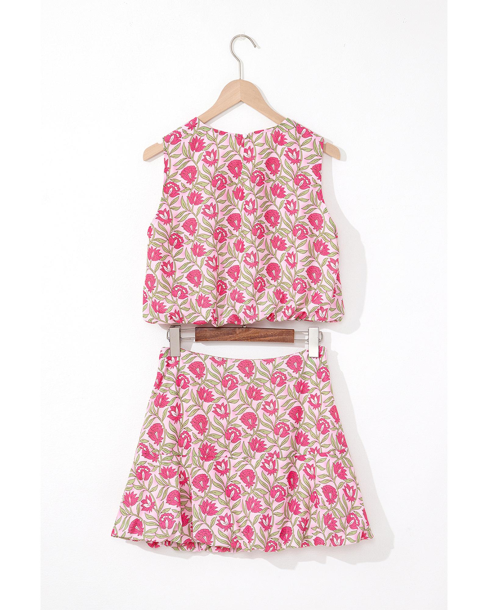 Pink Floral Print Puffy Cropped Tank and Mini Skirt Set - M 5