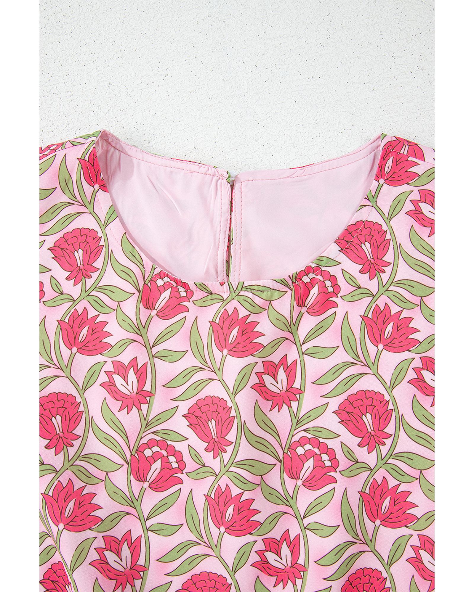 Pink Floral Print Puffy Cropped Tank and Mini Skirt Set - XL 6