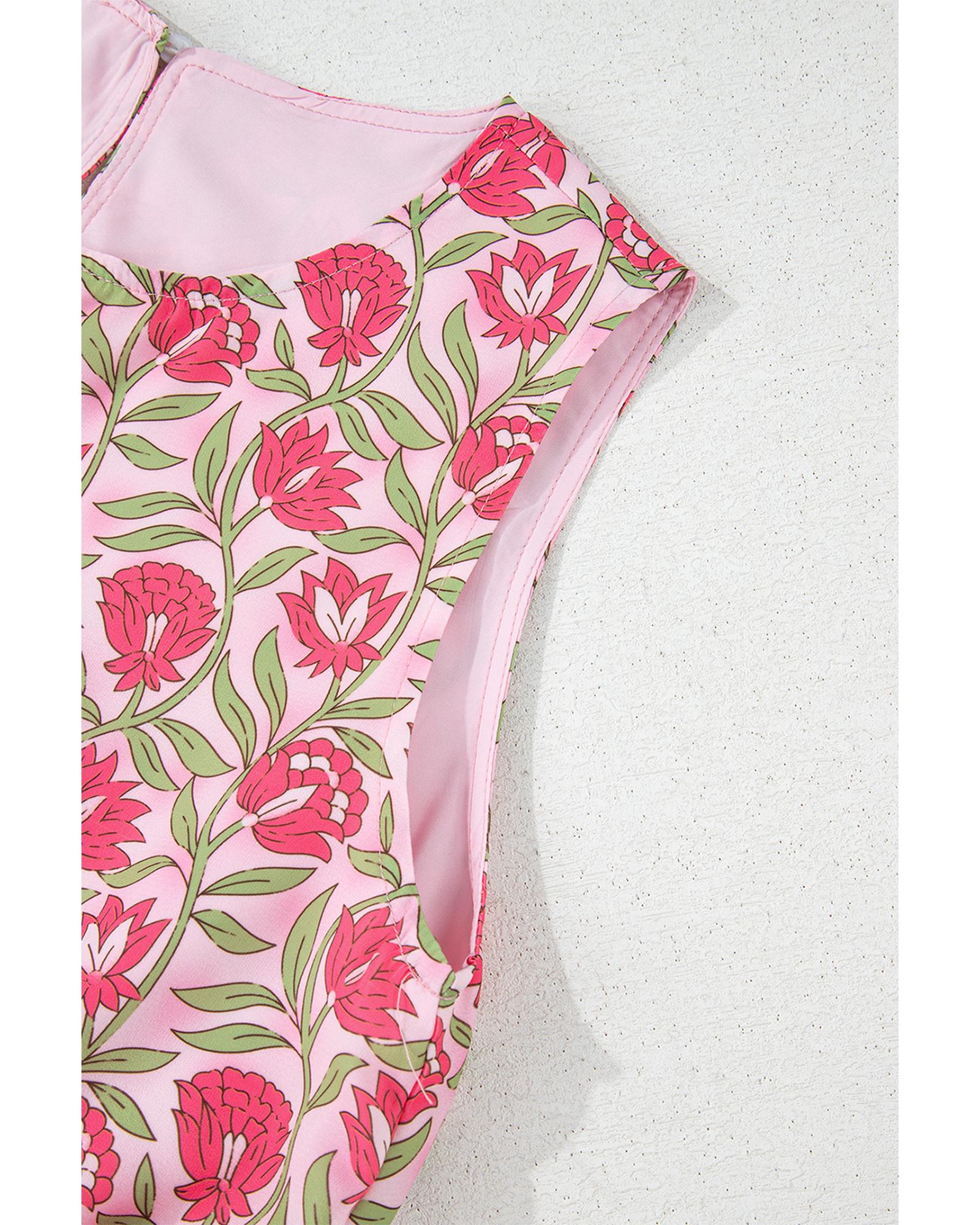 Pink Floral Print Puffy Cropped Tank and Mini Skirt Set - XL 7