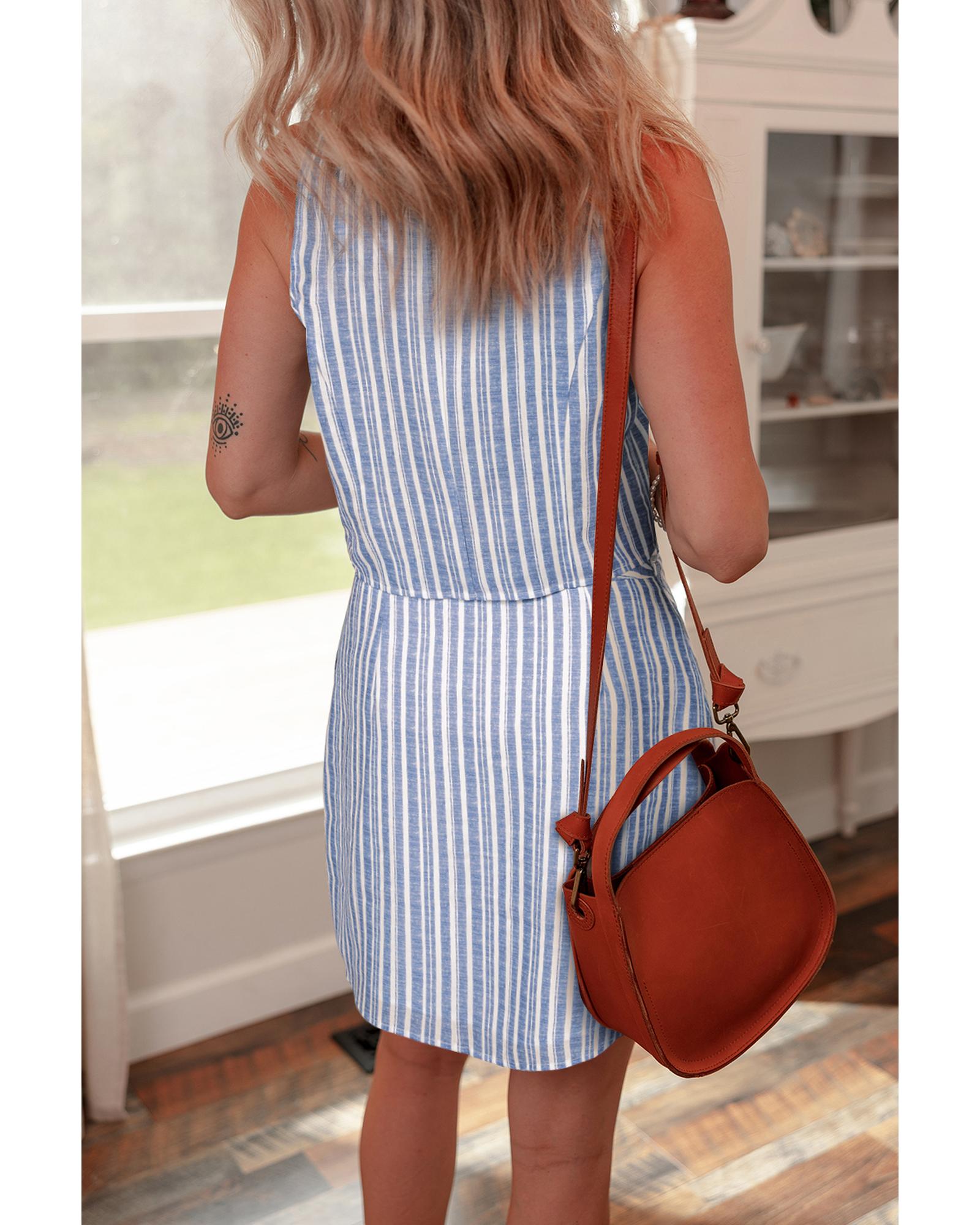 Sky Blue Stripe Buttoned Office Waistcoat Mini Skirt Set - M