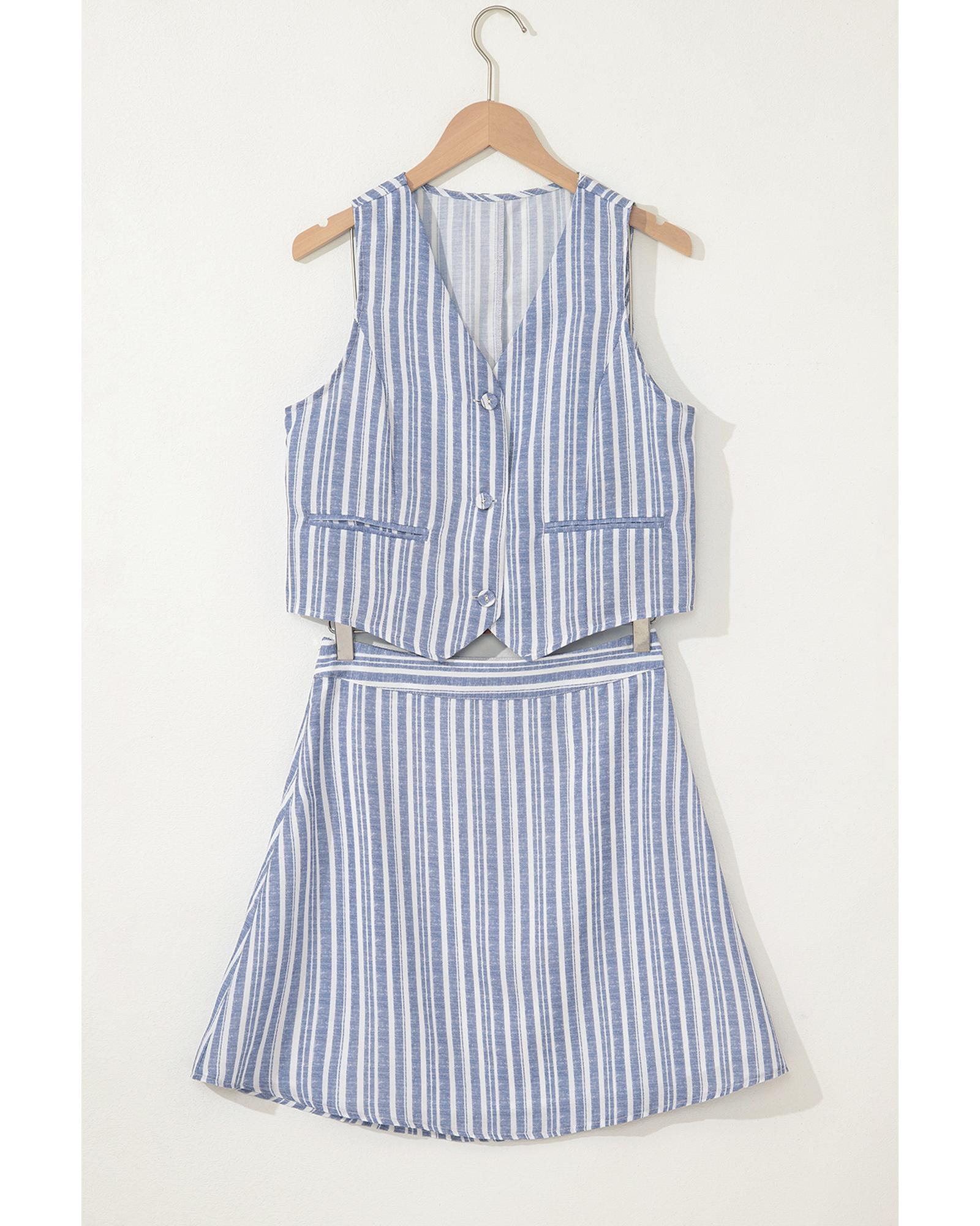 Sky Blue Stripe Buttoned Office Waistcoat Mini Skirt Set - M 3