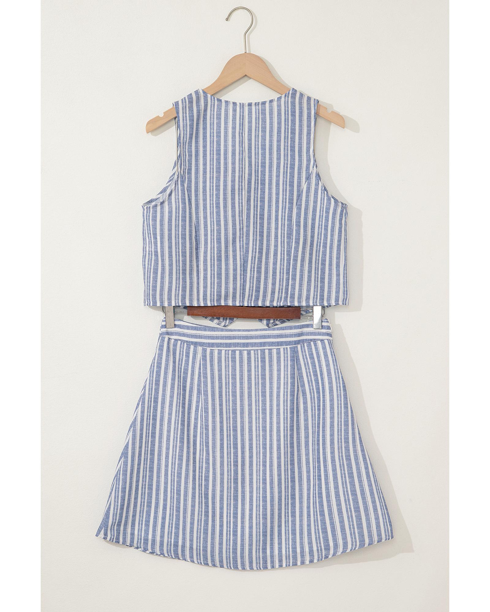 Sky Blue Stripe Buttoned Office Waistcoat Mini Skirt Set - M 4