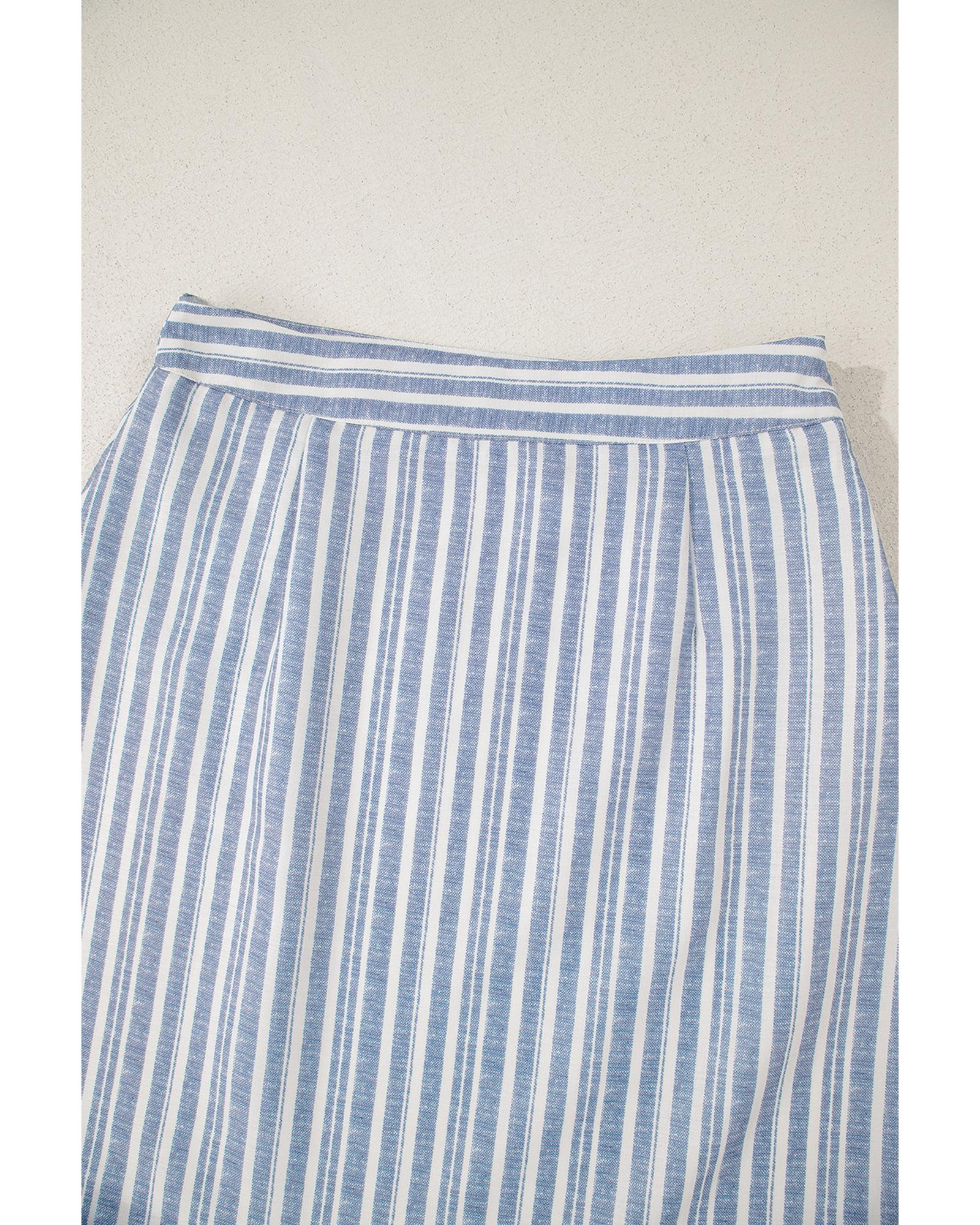 Sky Blue Stripe Buttoned Office Waistcoat Mini Skirt Set - M 6