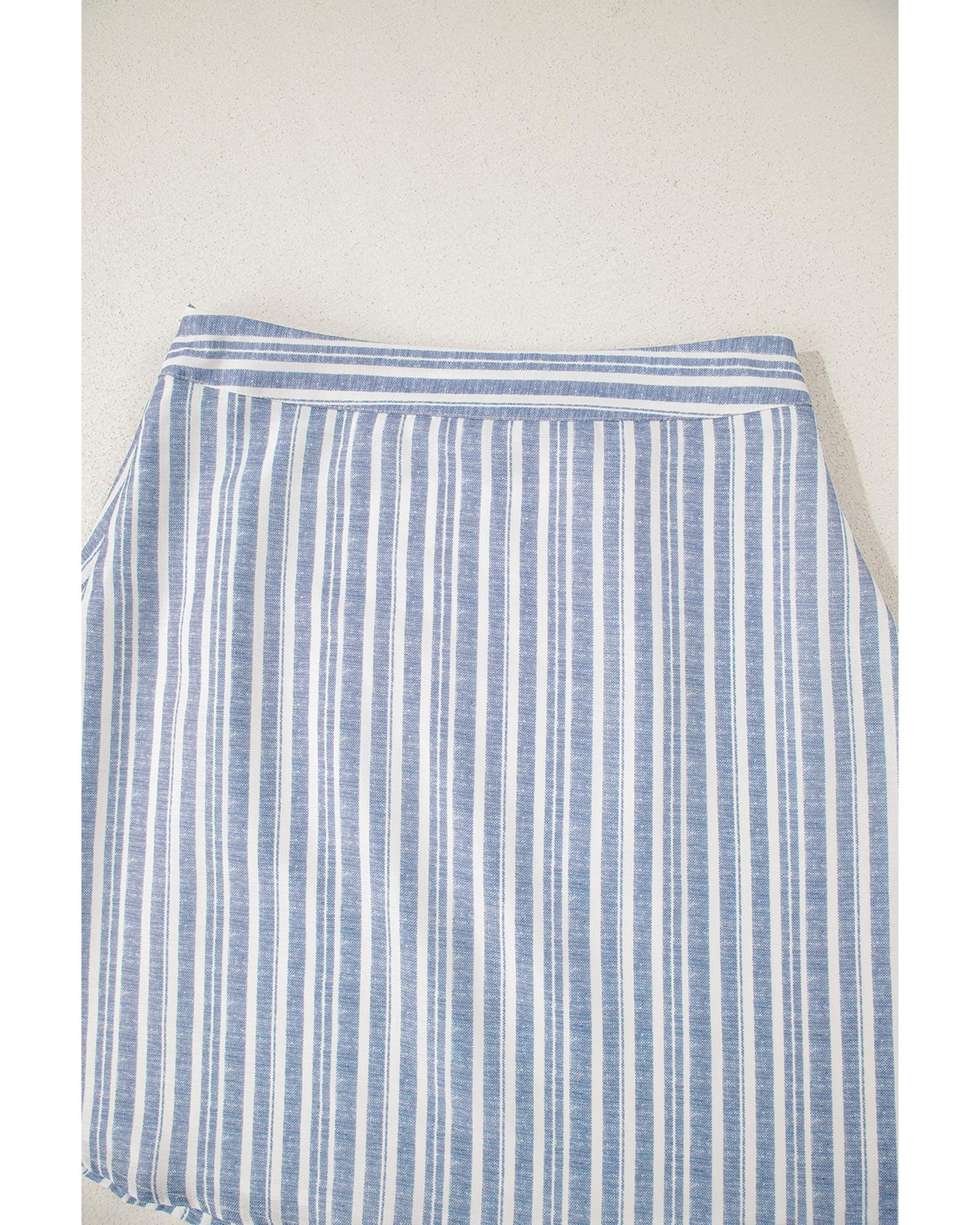 Sky Blue Stripe Buttoned Office Waistcoat Mini Skirt Set - M 8