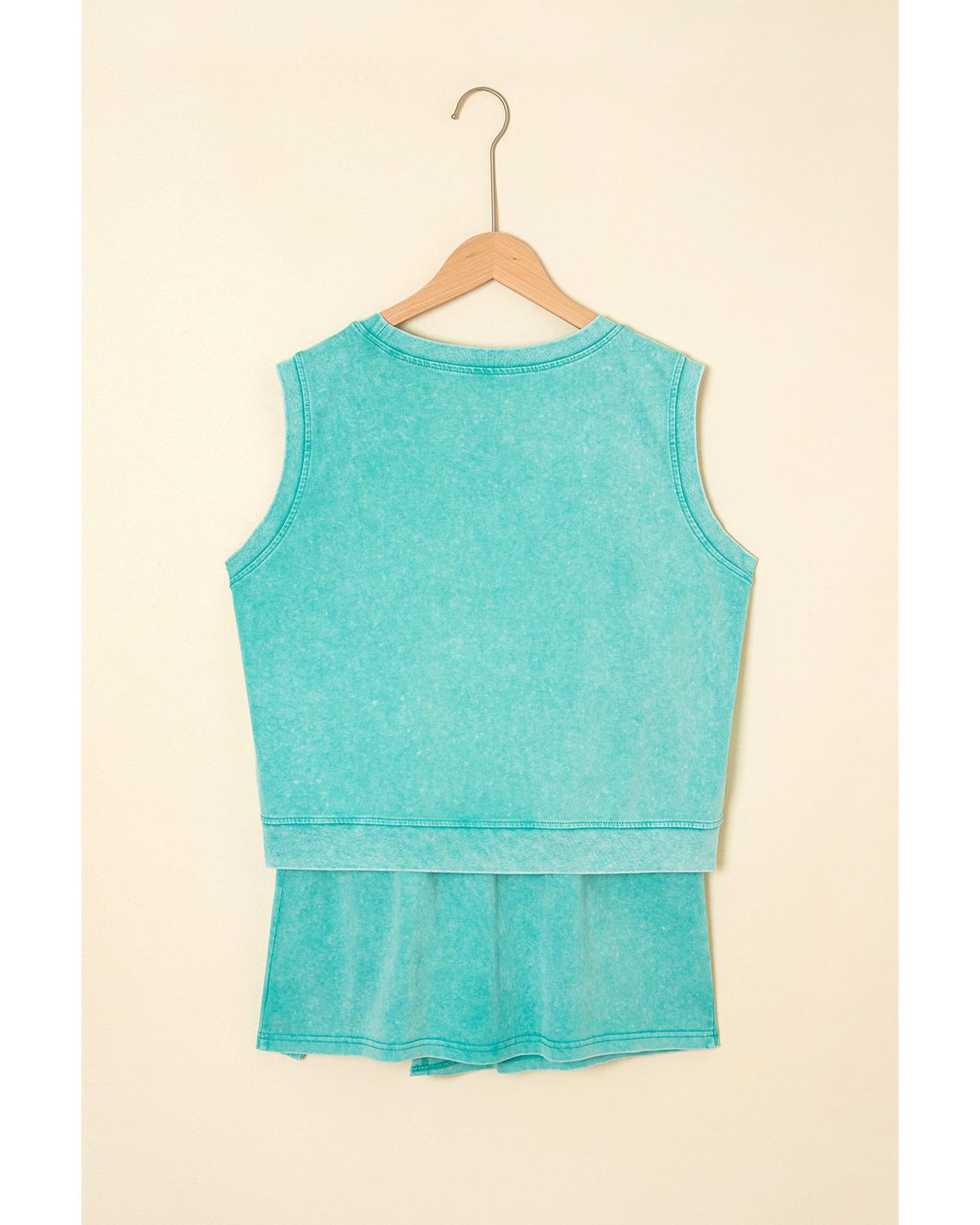 Mint Green 2 Pieces Mineral Wash Cotton Tank Top Lined Split Skirt Set - XL 7