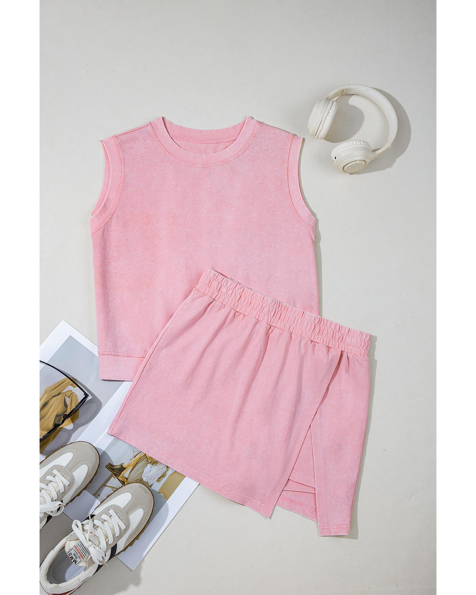 Light Pink 2 Pieces Mineral Wash Cotton Tank Top Lined Split Skirt Set - L 7