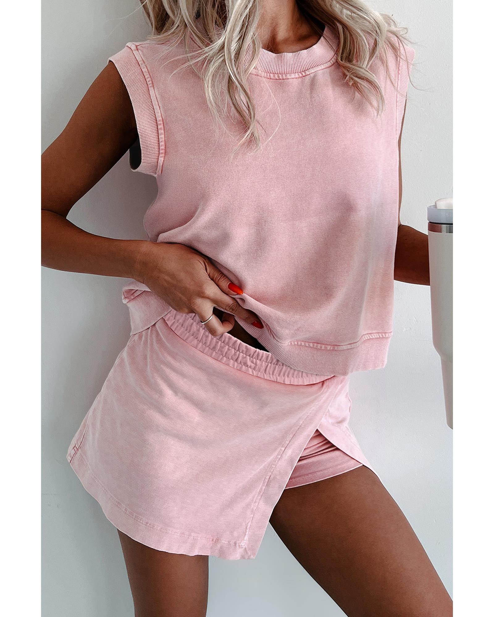 Light Pink 2 Pieces Mineral Wash Cotton Tank Top Lined Split Skirt Set - M 3
