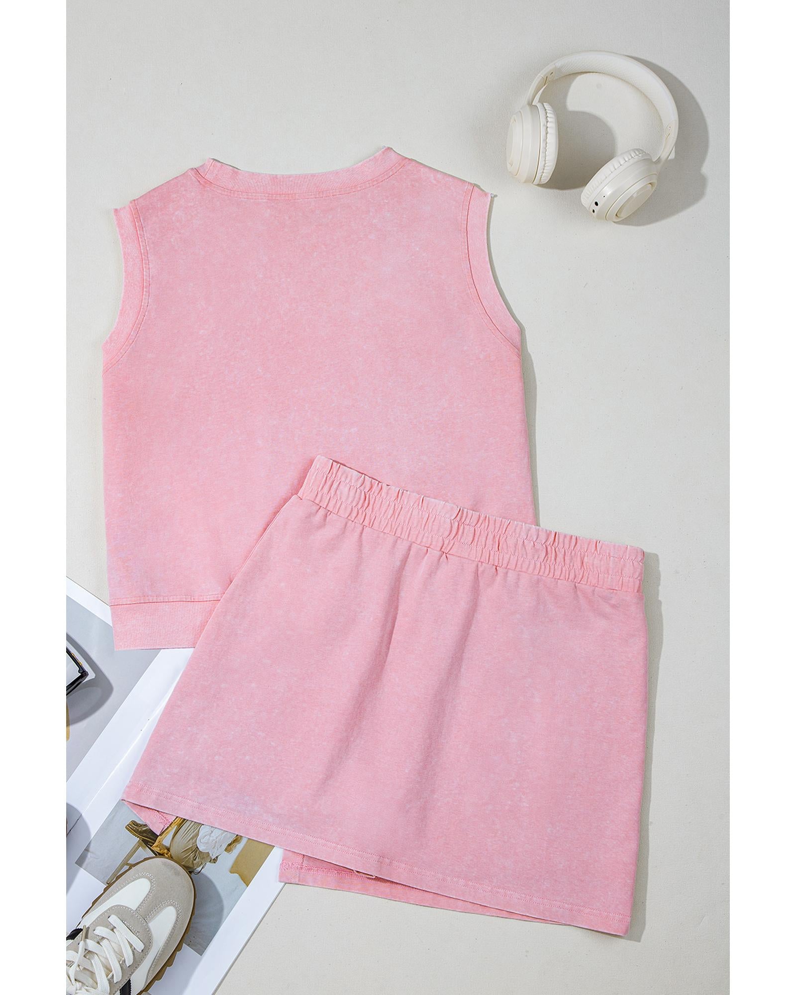 Light Pink 2 Pieces Mineral Wash Cotton Tank Top Lined Split Skirt Set - M 8