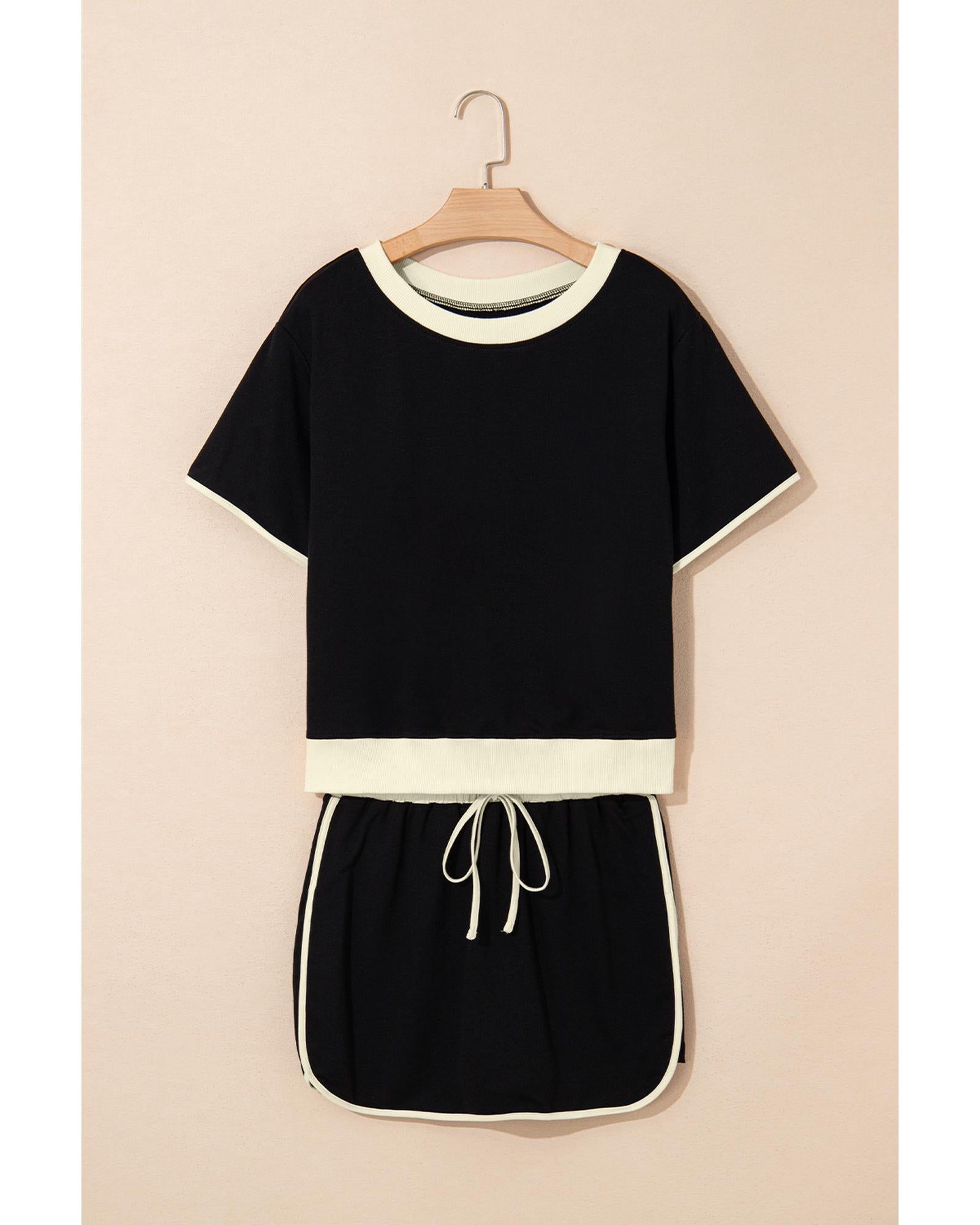 Black Colorblock Edge Drop Shoulder T Shirt and Skort 2Pcs Set - XL 3