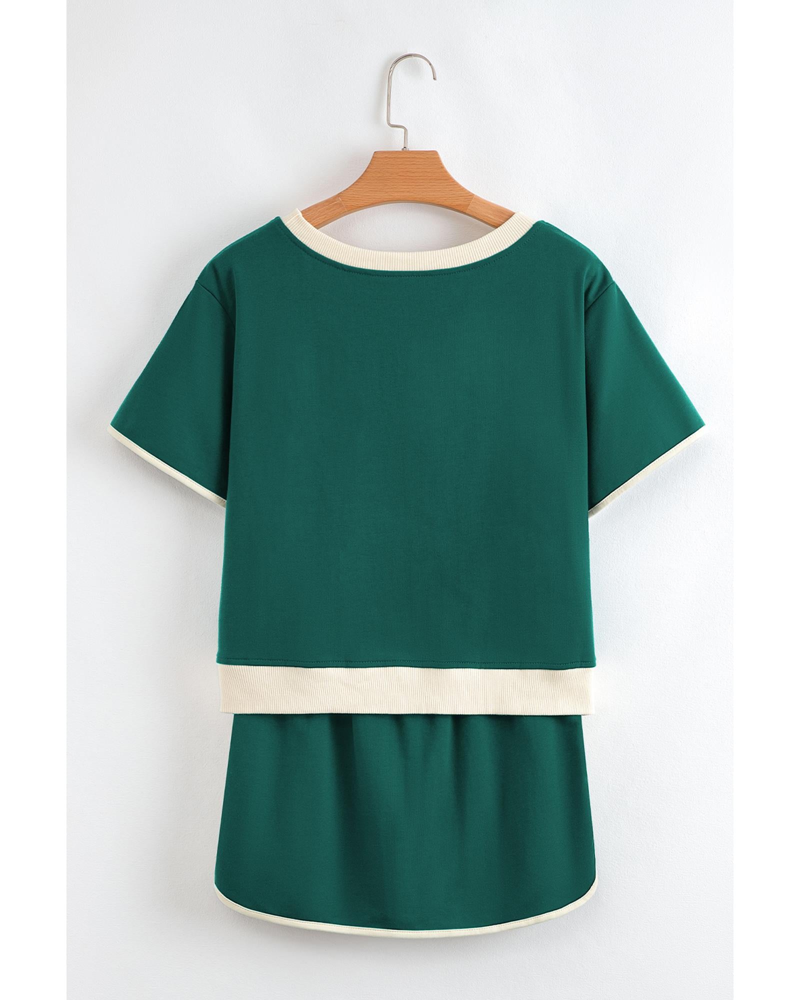 Evergreen Colorblock Edge Drop Shoulder T Shirt and Skirt 2Pcs Set - L 4
