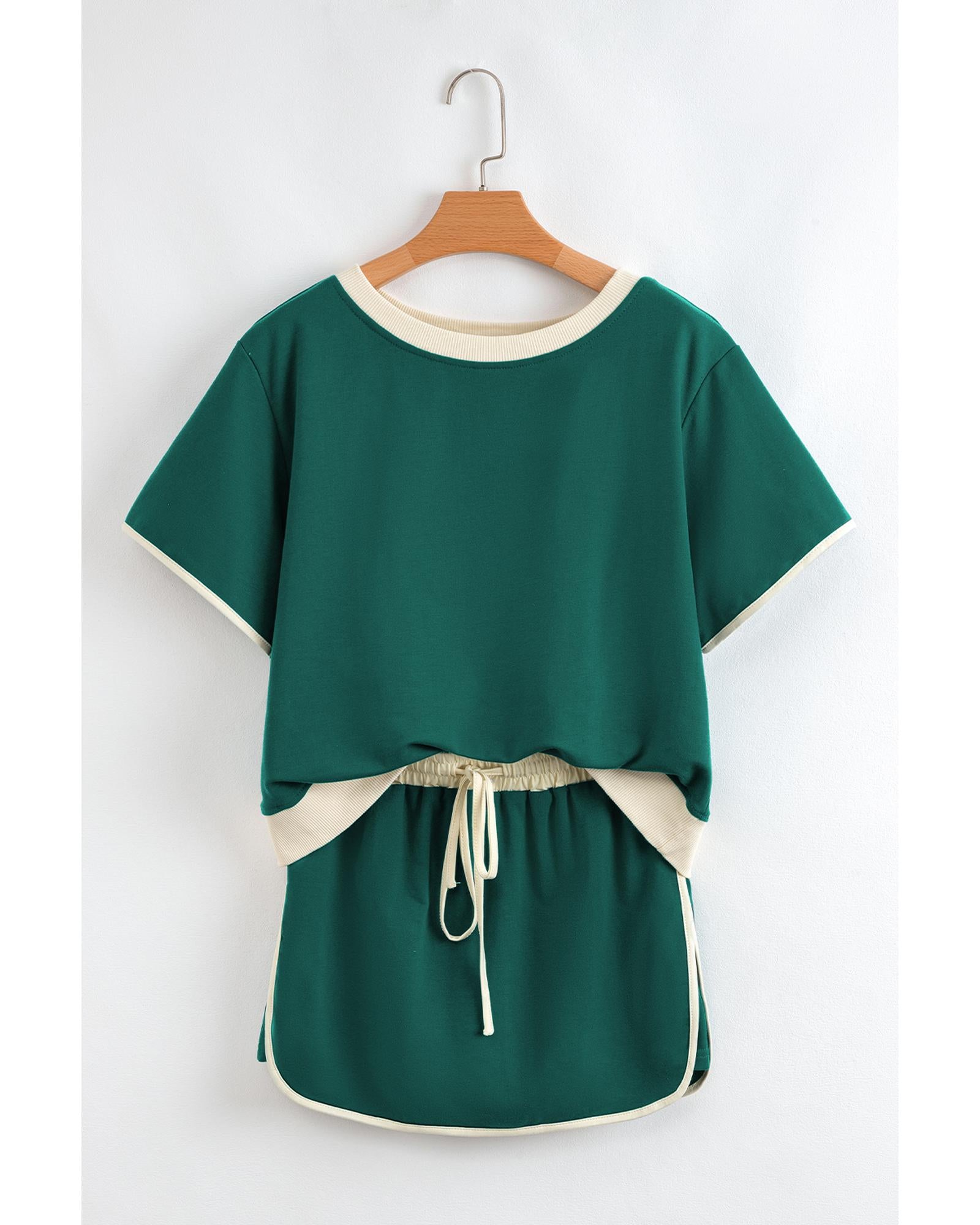Evergreen Colorblock Edge Drop Shoulder T Shirt and Skirt 2Pcs Set - M