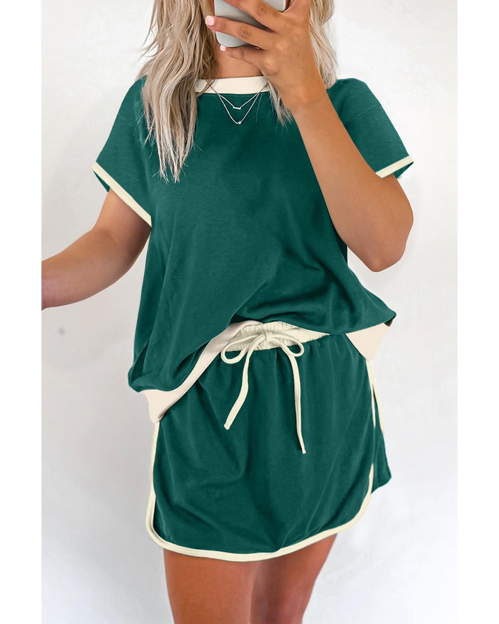 Evergreen Colorblock Edge Drop Shoulder T Shirt and Skirt 2Pcs Set - XL