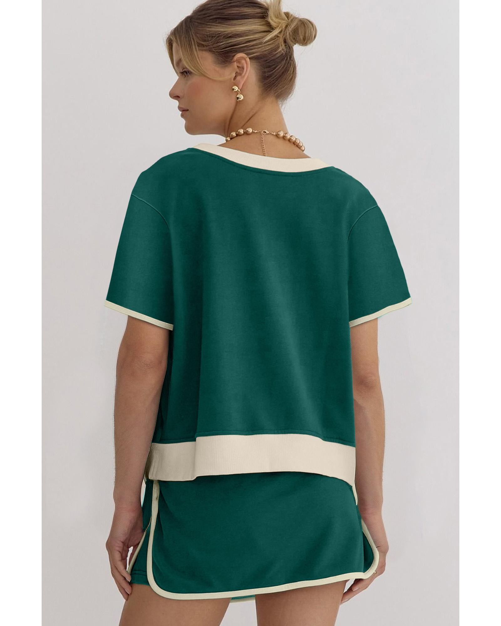 Evergreen Colorblock Edge Drop Shoulder T Shirt and Skirt 2Pcs Set - XL