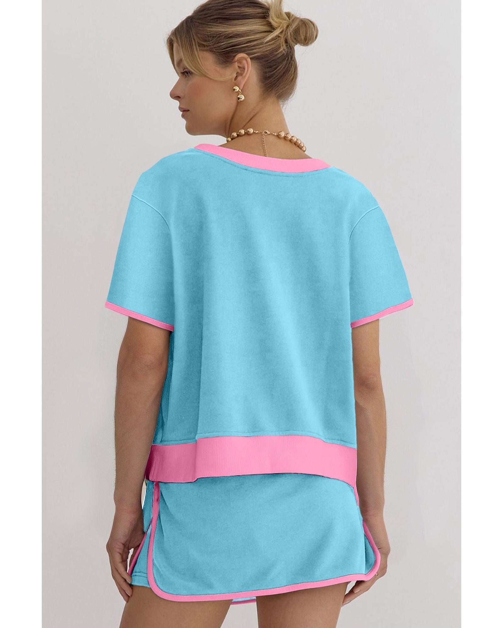 Turquoise Colorblock Edge Drop Shoulder T Shirt and Skirt 2Pcs Set - S