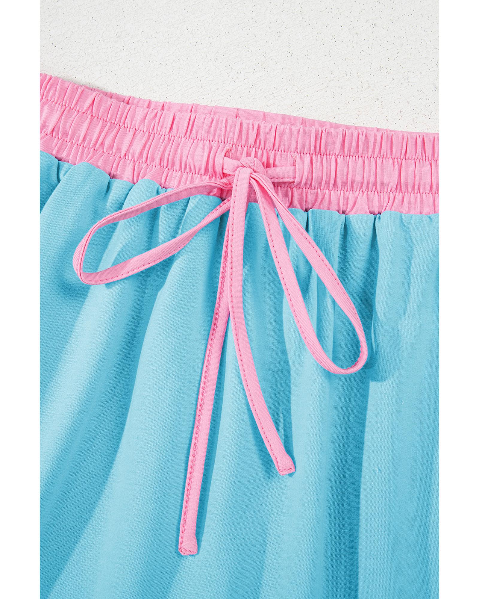 Turquoise Colorblock Edge Drop Shoulder T Shirt and Skirt 2Pcs Set - S 8