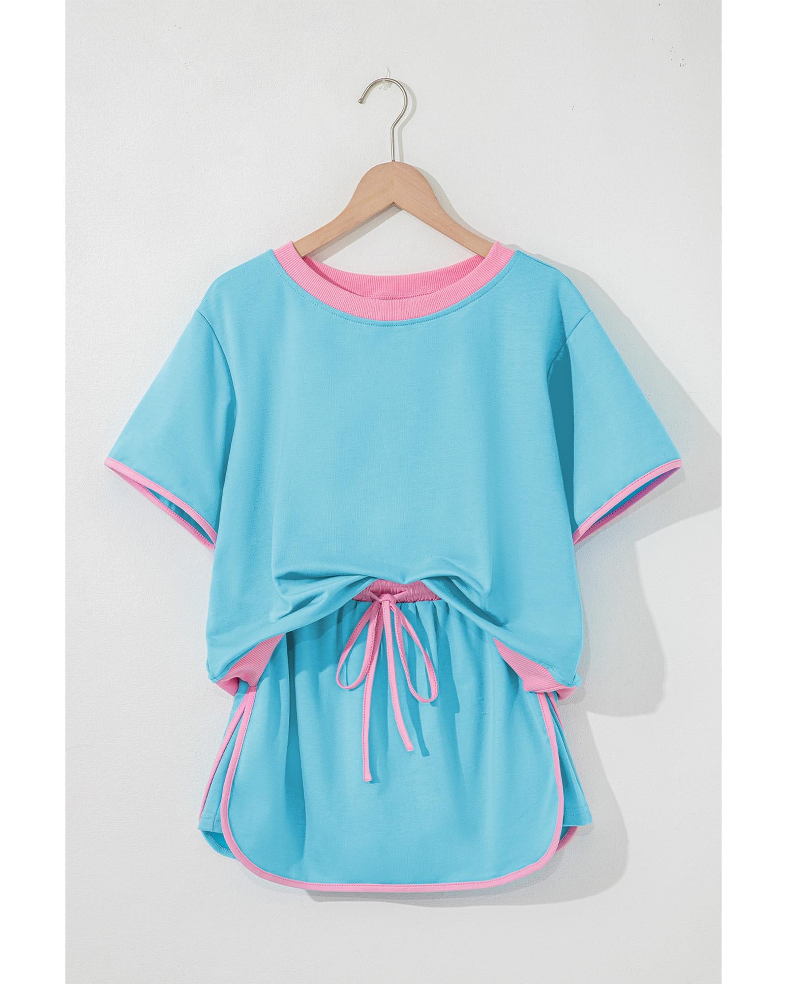Turquoise Colorblock Edge Drop Shoulder T Shirt and Skirt 2Pcs Set - XL 3