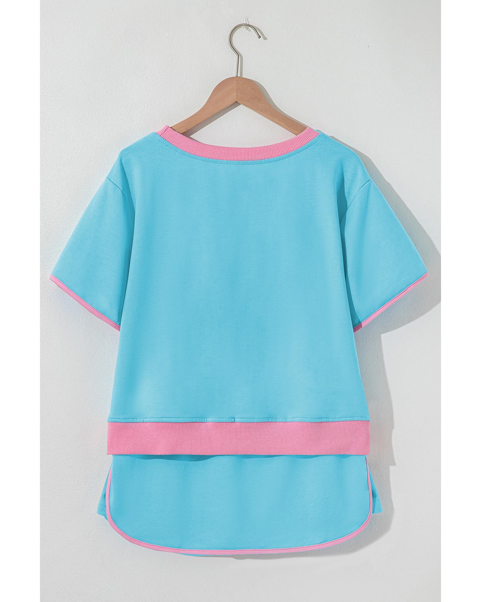 Turquoise Colorblock Edge Drop Shoulder T Shirt and Skirt 2Pcs Set - XL 4