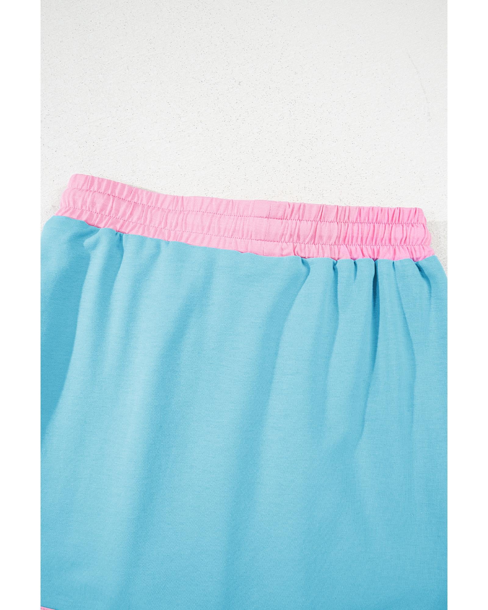Turquoise Colorblock Edge Drop Shoulder T Shirt and Skirt 2Pcs Set - XL 6