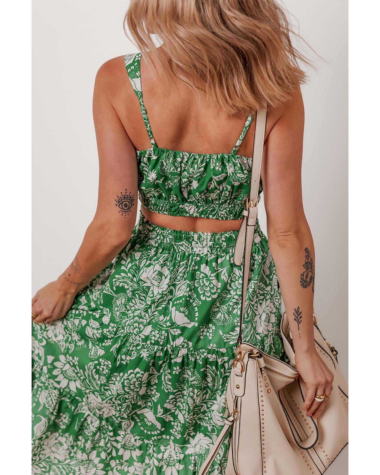 Green Floral Print Shirred Crop Top and High Waist Midi Skirt Set - L