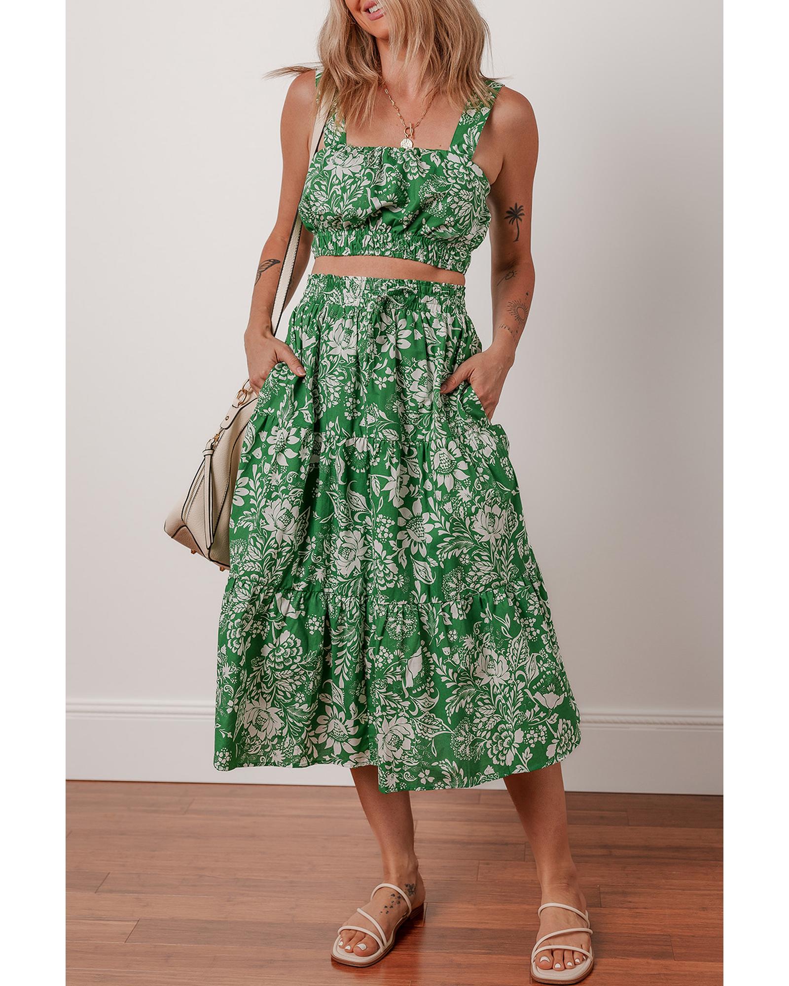 Green Floral Print Shirred Crop Top and High Waist Midi Skirt Set - L 3