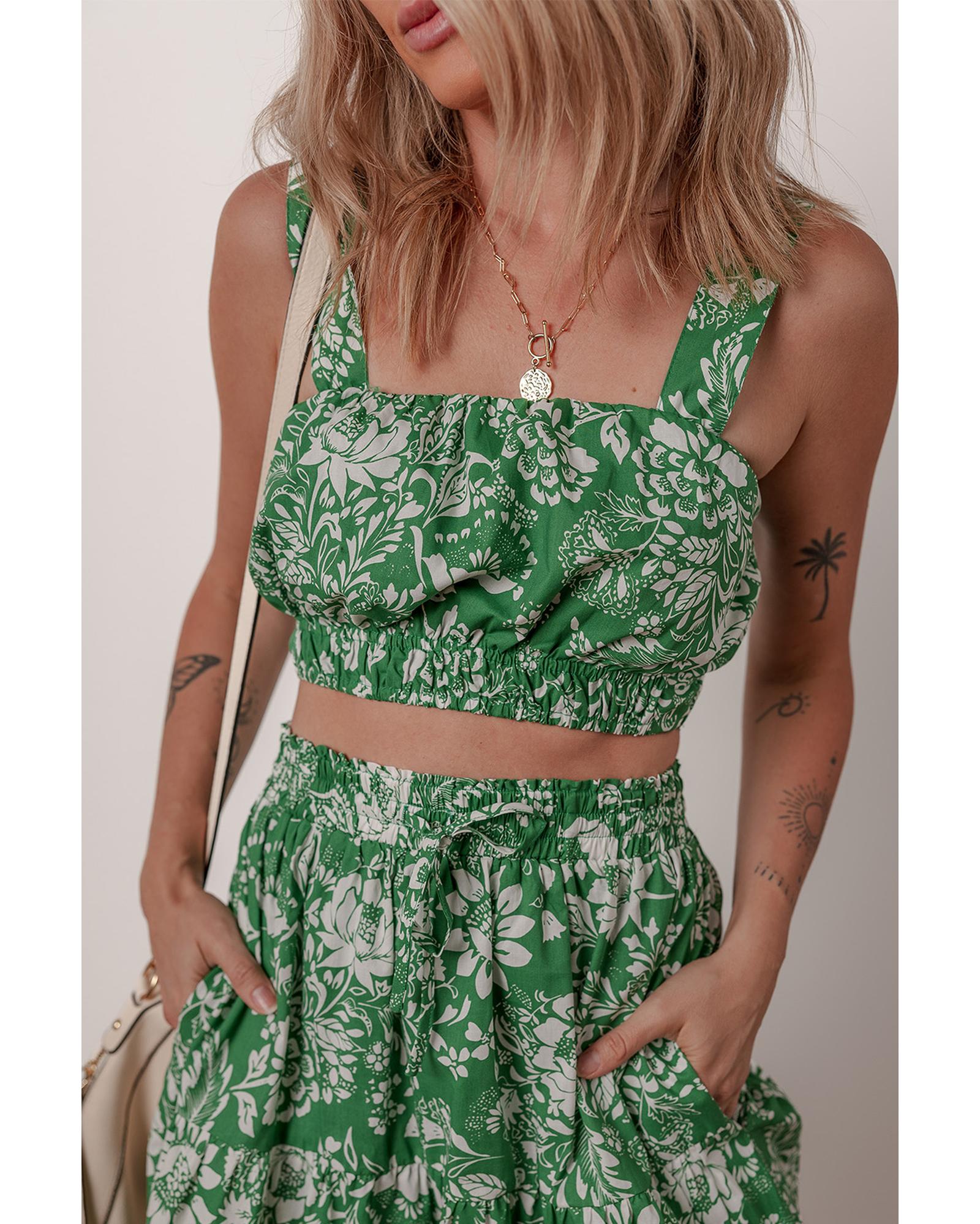 Green Floral Print Shirred Crop Top and High Waist Midi Skirt Set - L 4