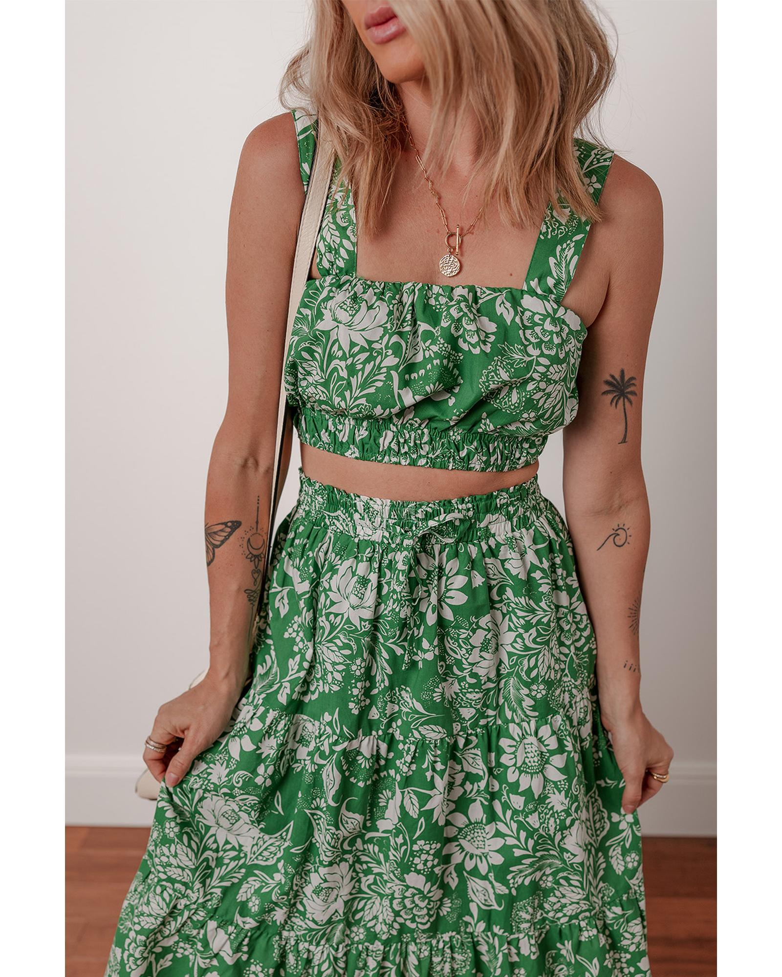 Green Floral Print Shirred Crop Top and High Waist Midi Skirt Set - L 5